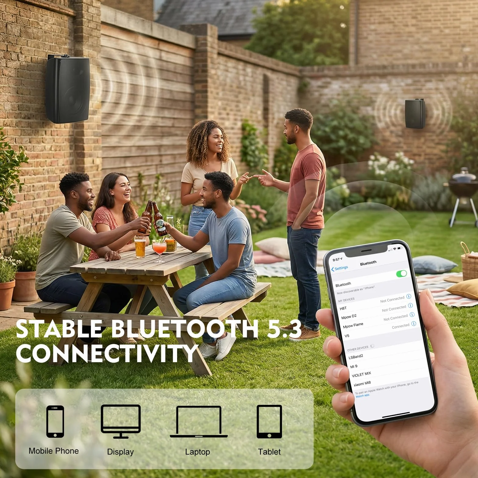 Herdio Altoparlanti Bluetooth 16,5 cm 400 W 2 Vie Impermeabili Montaggio a Parete Nero Coppia