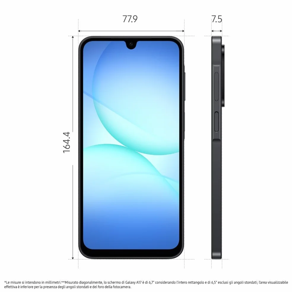 Samsung Galaxy A17, 3 anni di Garanzia del produttore, Android 15, Display Super AMOLED 6.7", 4GB RAM, 128GB, Batteria 5.000 mAh, Resistenza IP54, Memoria espandibile, Black [Versione Italiana]