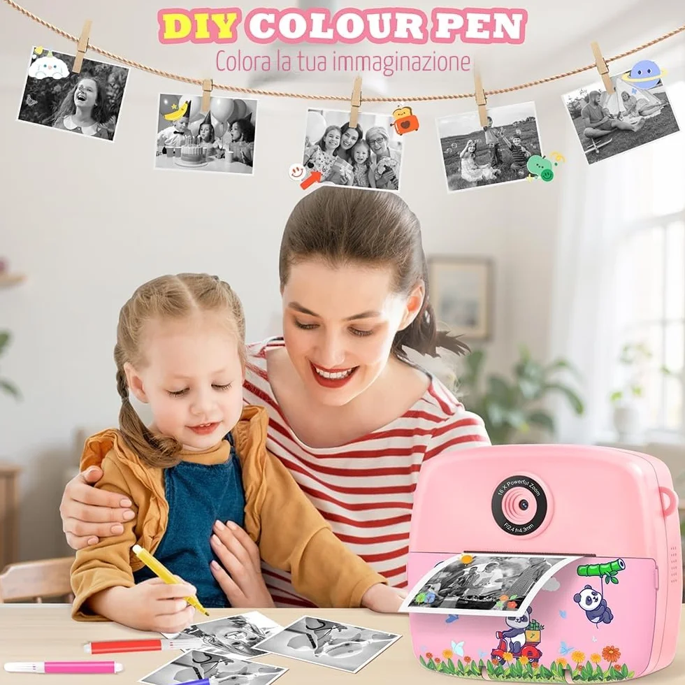 CNAPXAIA Macchina Fotografica Bambini Istantanea, 2,4" 1080P Fotocamera Digitale Bambini con 32 GB Scheda e 3 Rotoli di Carta da Stampa, Rosa