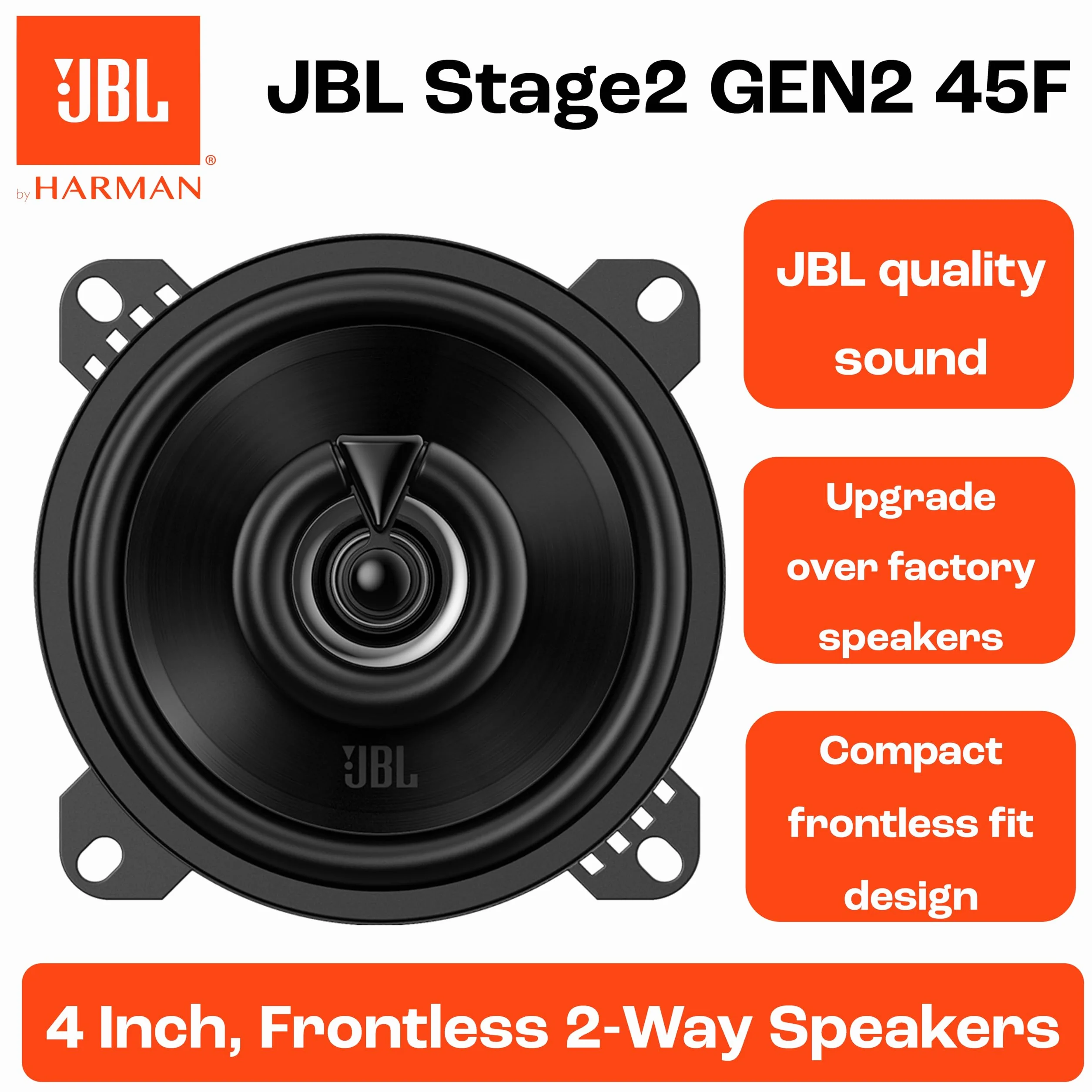 JBL Stage2 45F Gen2 altoparlanti coassiali 2 vie 4 pollici 40 W RMS, 320 W picco, 4 Ω, 88 dB, woofer in polipropilene Plus One™, tweeter PEI, design slim, suono chiaro, installazione facile