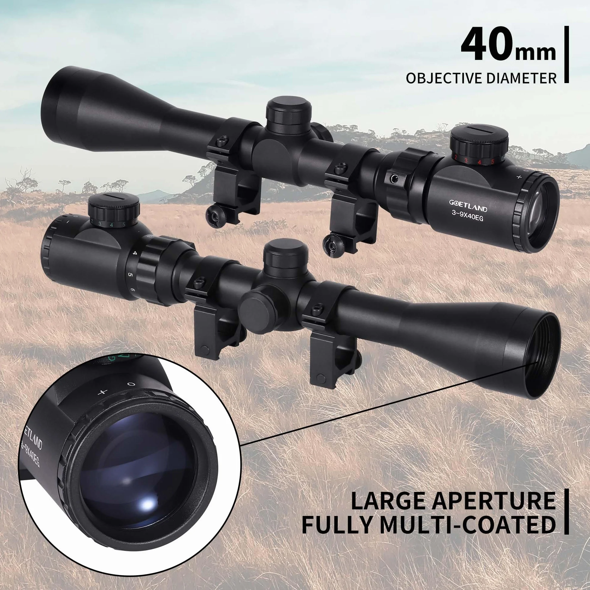 Goetland 3-9x40 EG Cannocchiale da Puntamento per Carabina Aria Compressa con Reticolo Illuminato Rosso e Verde