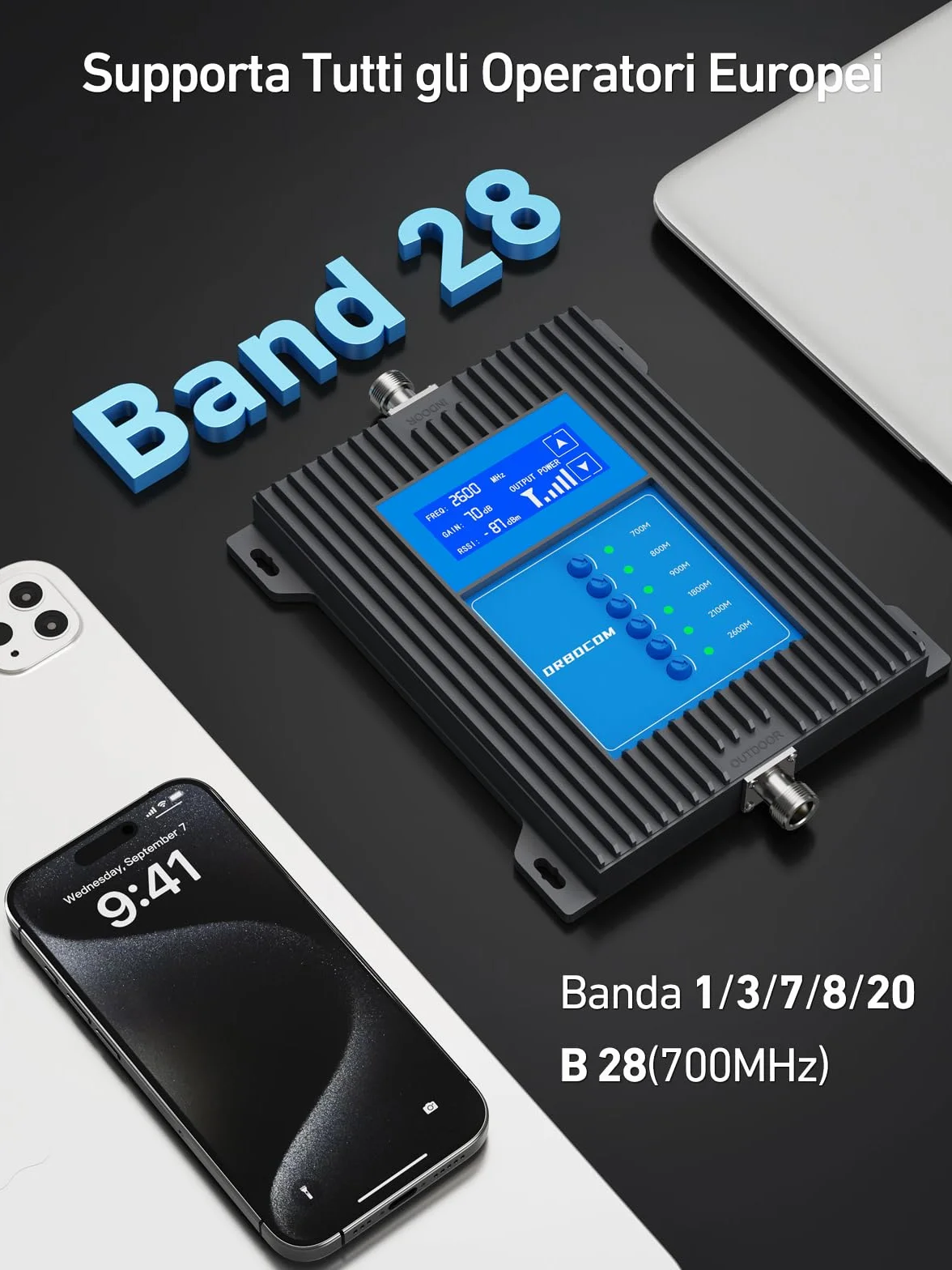 5G 4G LTE Amplificatore Segnale Cellulare Banda 28/20/8/3/1/7 Ripetitore GSM di 70 dB Ripetitore Segnale Cellulare Supporta Tutti Gli Operatori, Con Schermo LCD ad Alta Definizione