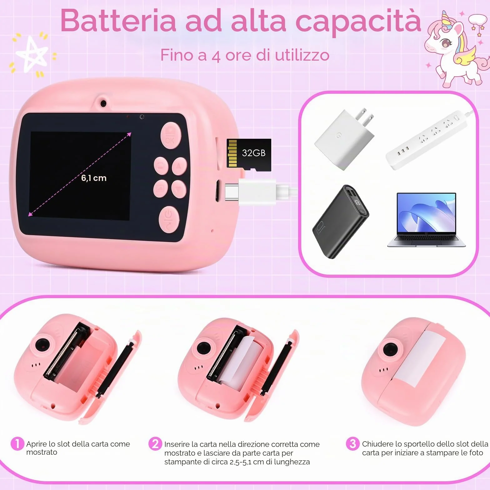 Macchina Fotografica Bambini Istantanea, Ambesty 2,4 Pollici 1080P Fotocamera Bambini Selfie, Fotocamera Digitale con 32GB Scheda e Carta Fotografica, Regali di Natale da 3-12 Anni (Rosa)