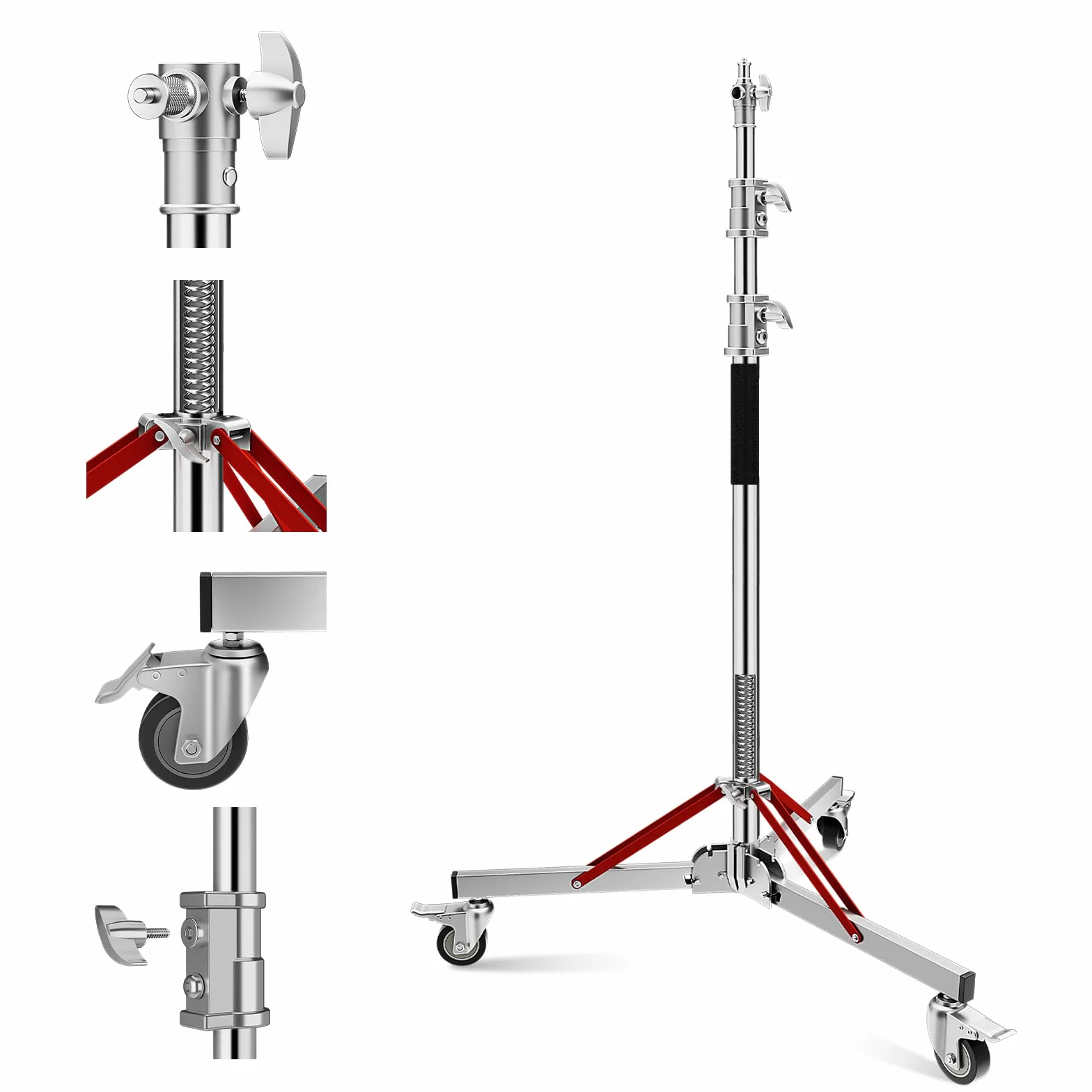 Soonpho WS-300 Pro Light Stand 100% Acciaio Inox Stativo per Luci C con Ruote e Braccio,Stativo a C Pesante in Metallo Altezza massima 300 cm (9,84 piedi) per Riflettori,Monoluci