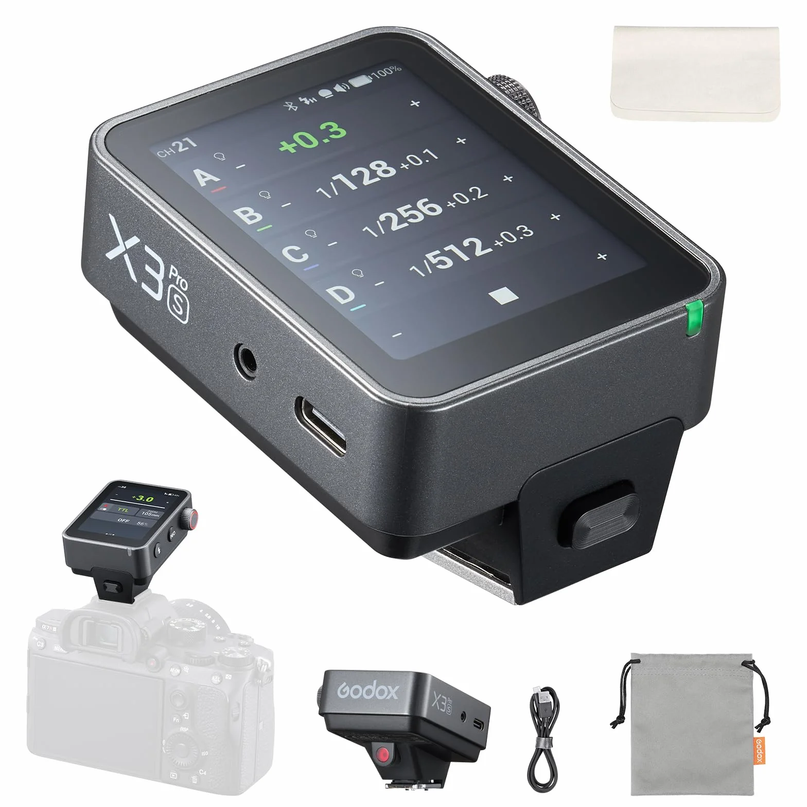 Godox X3Pro-S Trigger per Flash senza fili per Sony,2.4" Schermo touch, controllo a 16 gruppi, funzione HSS TTL TCM con 1/8000s,ricarica USB-C, durata batteria 30 giorni Flash Transmitter