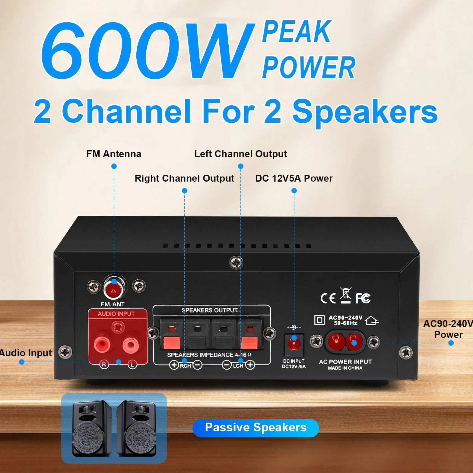 Romicta Amplificatore Audio, Amplificatore HiFi, Amplificatore stereo 600W 2 canali, Bluetooth 5.0, 12V 220V display LCD, Hi-Fi, radio FM portatile, Scheda SD Card/USB, per la casa o per l'auto