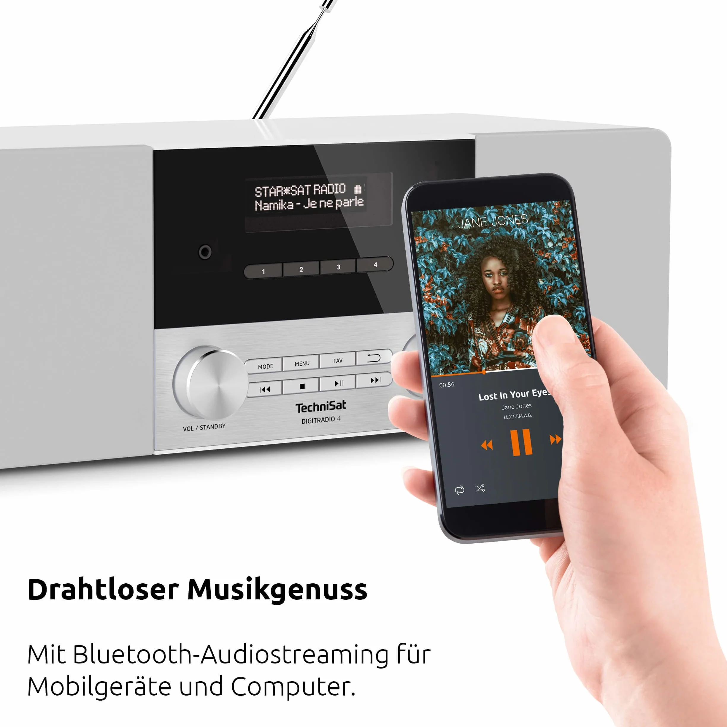 TechniSat DIGITRADIO 4 - Radio DAB stereo (DAB+, FM, streaming audio Bluetooth (ricezione), presa per cuffie, ingresso AUX, radiosveglia, display OLED, 20 watt RMS, altoparlante Elac) bianco