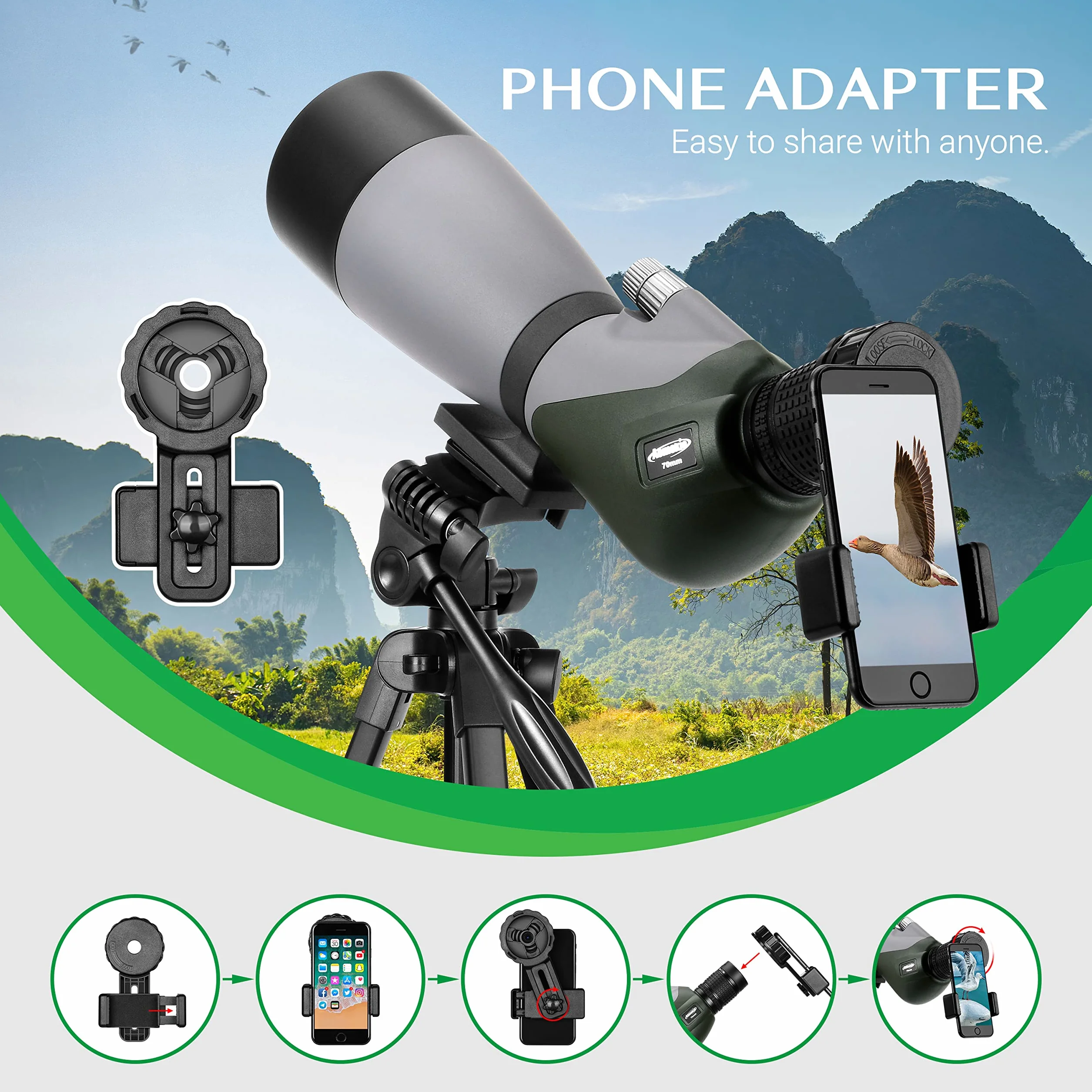 Aomekie 20-60x70 Cannocchiale Spotting Scope Zoom con Treppiede Regolabile Leggero e Adattatore per Telefono. Telescopio Terrestre Portatile Ideale per Osservazione Fauna Selvatica e Tiro al Bianco