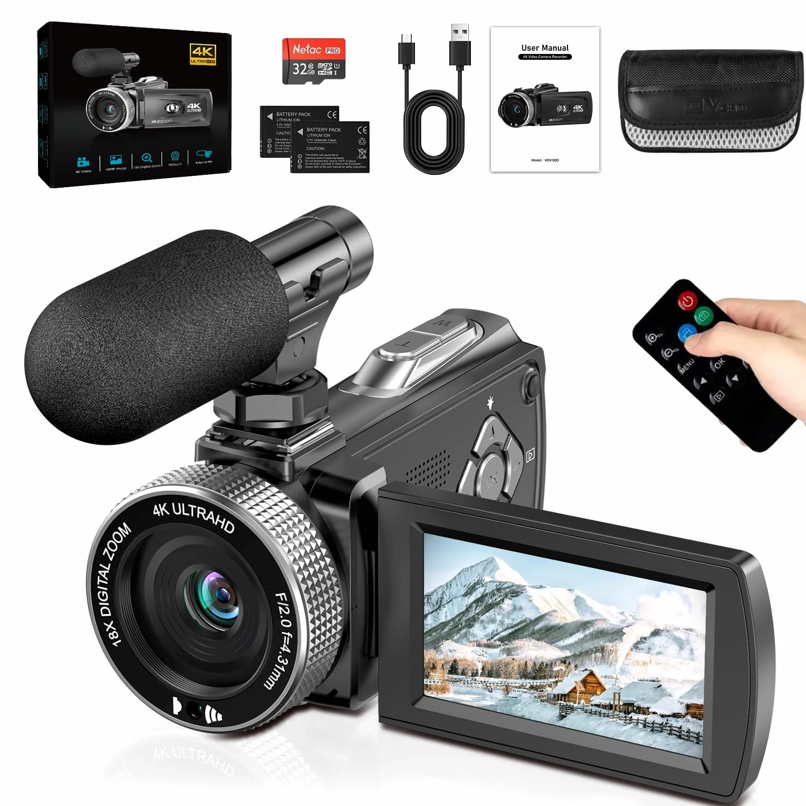 Videocamera 4K 48MP, Zoom Digitale 18X Camcorder, Vlogging Camera per YouTube, Schermo Rotante da 3,0" 270° Vlog Camera, Video Kamera con Scheda da 32 GB, 2 Batterie, Microfono, Telecomando (HDV900-2)