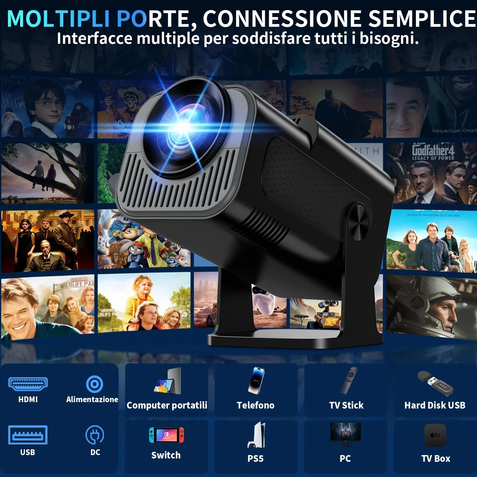 Proiettore 1080P 4K WiFi 6 Bluetooth 5.2 Mini Portatile con Rotativo 270° Auto Keystone Nero