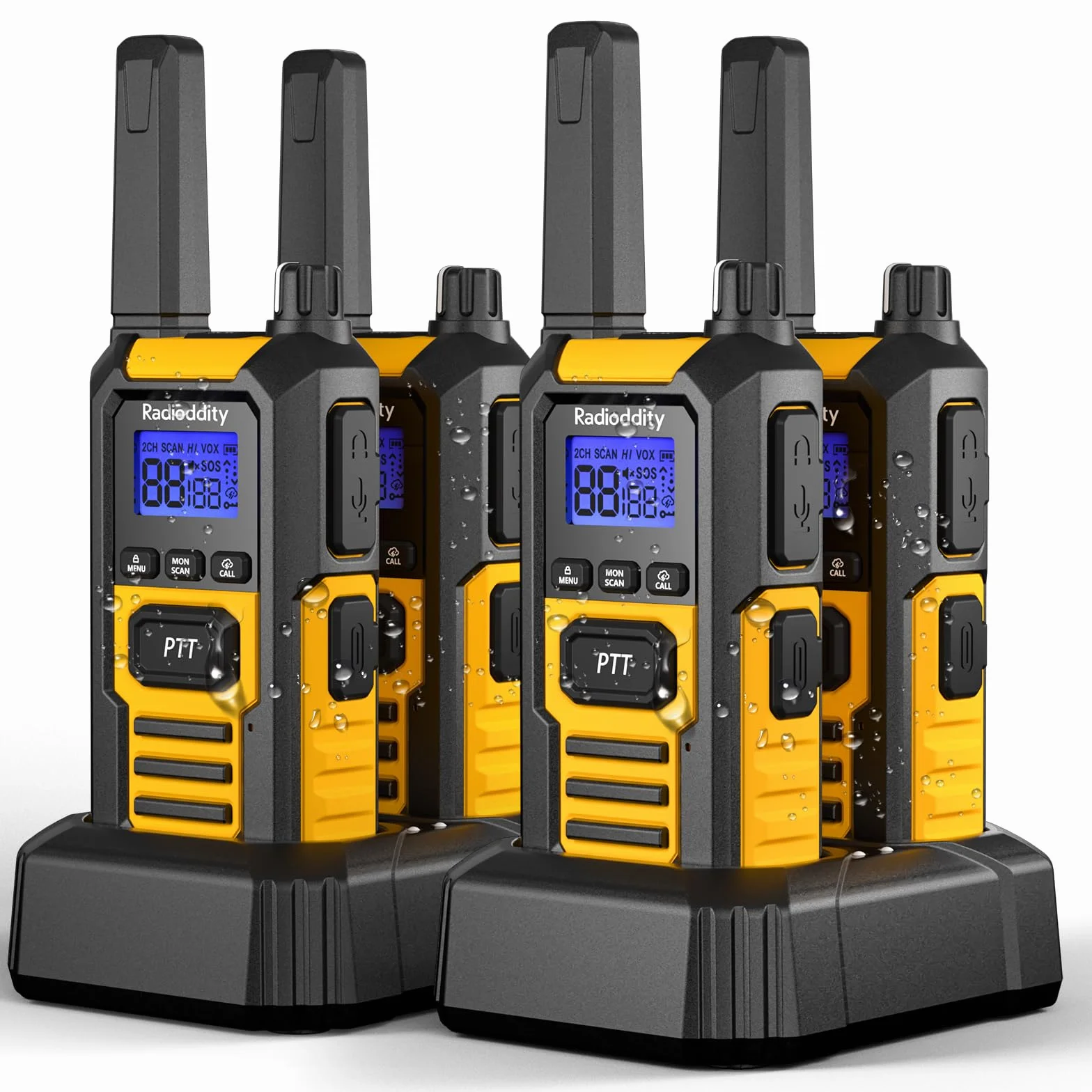 Radioddity HD-1 Walkie Talkie IP67 impermeabile, Set radio PMR robusto, antipolvere e antishock con chiamata di gruppo a un tasto, allarme vibrante, SOS, ricarica via base e USB-C (4 pezzi, giallo)