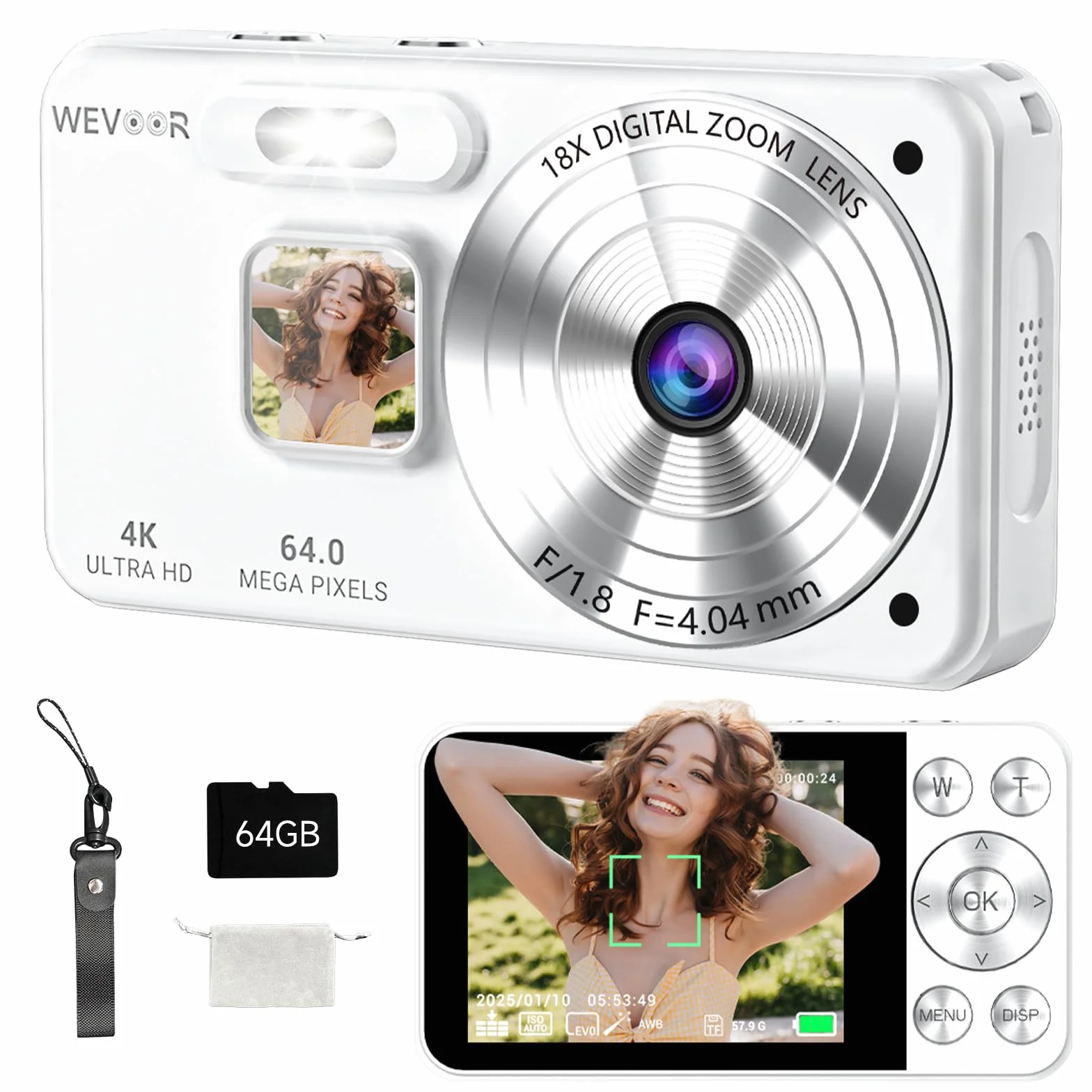 Macchina Fotografica Digitale 4K 64MP, Wevoor 64GB Fotocamera Digitale con 2,8” Schermo, Zoom Digitale 18x, 2000mAh Fotocamera Compatta, Digital Camera per Principianti Bambini Adolescenti - Bianco