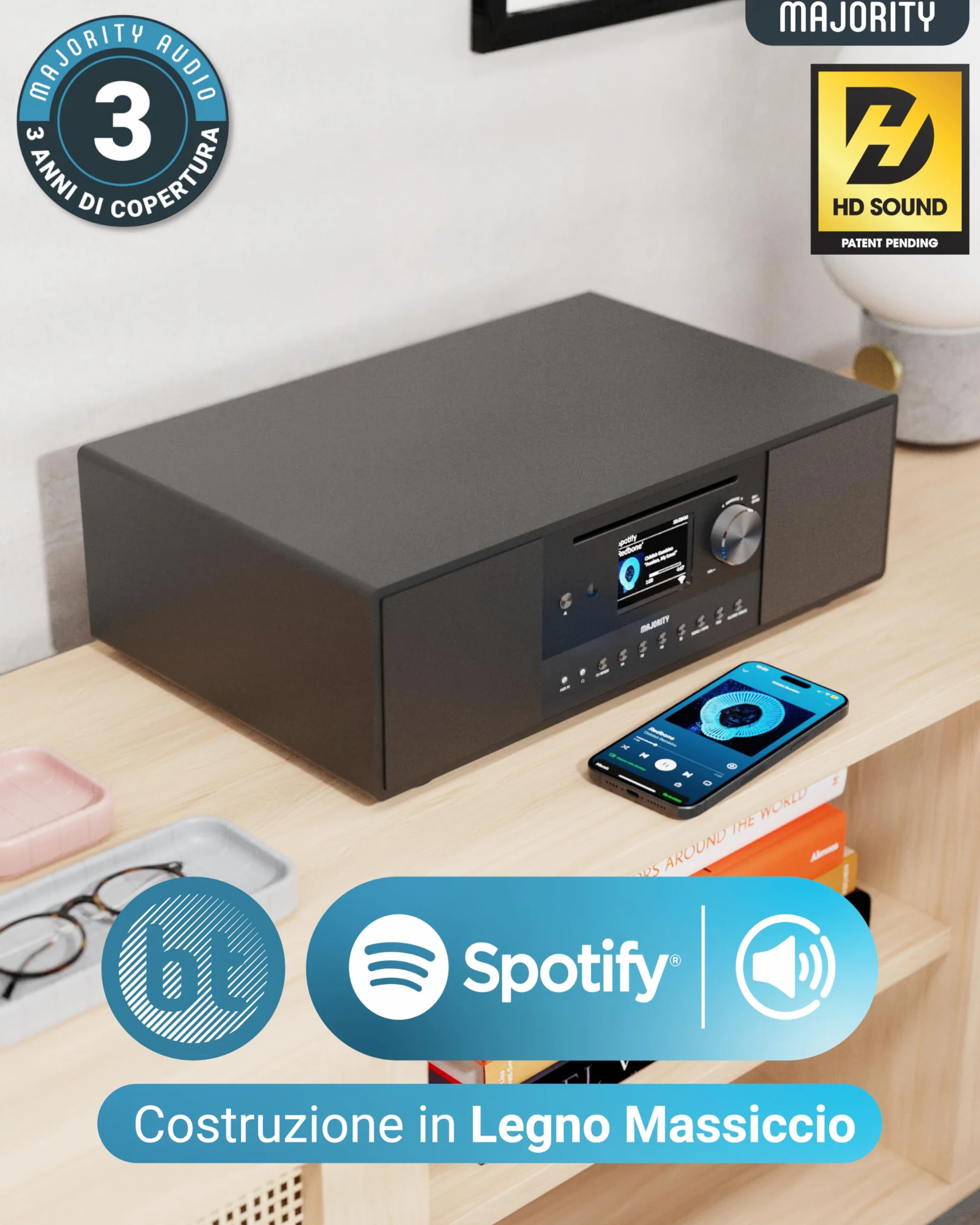 Majority Quadriga Internet Radio Lettore CD Hi Fi DAB+ Impianto Stereo Casa 120W 2.1 Bluetooth Wifi Spotify Connect