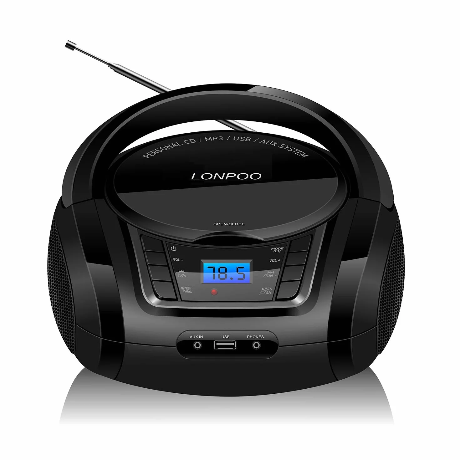 Lettore CD Portatile LONPOO Boombox Stereo Bluetooth con Altoparlanti Integrati, Ingresso USB, AUX, Uscita Cuffie (Black)