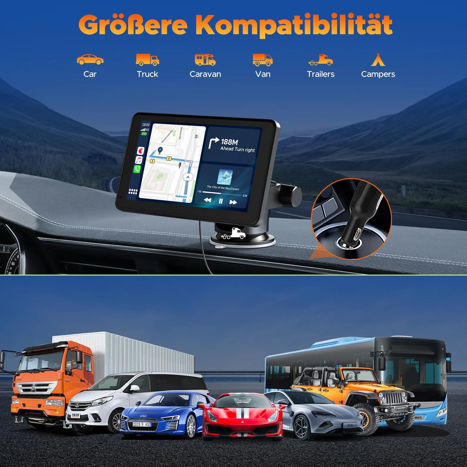 Volam 7 pollici schermo per auto carplay Display con A-pple Carplay/Android Auto,IPS Touch Screen, Mirror Link, GPS Navigazione, Assistente Vocale Siri, G00-gle, FM, AUX, Bluetooth 5.0
