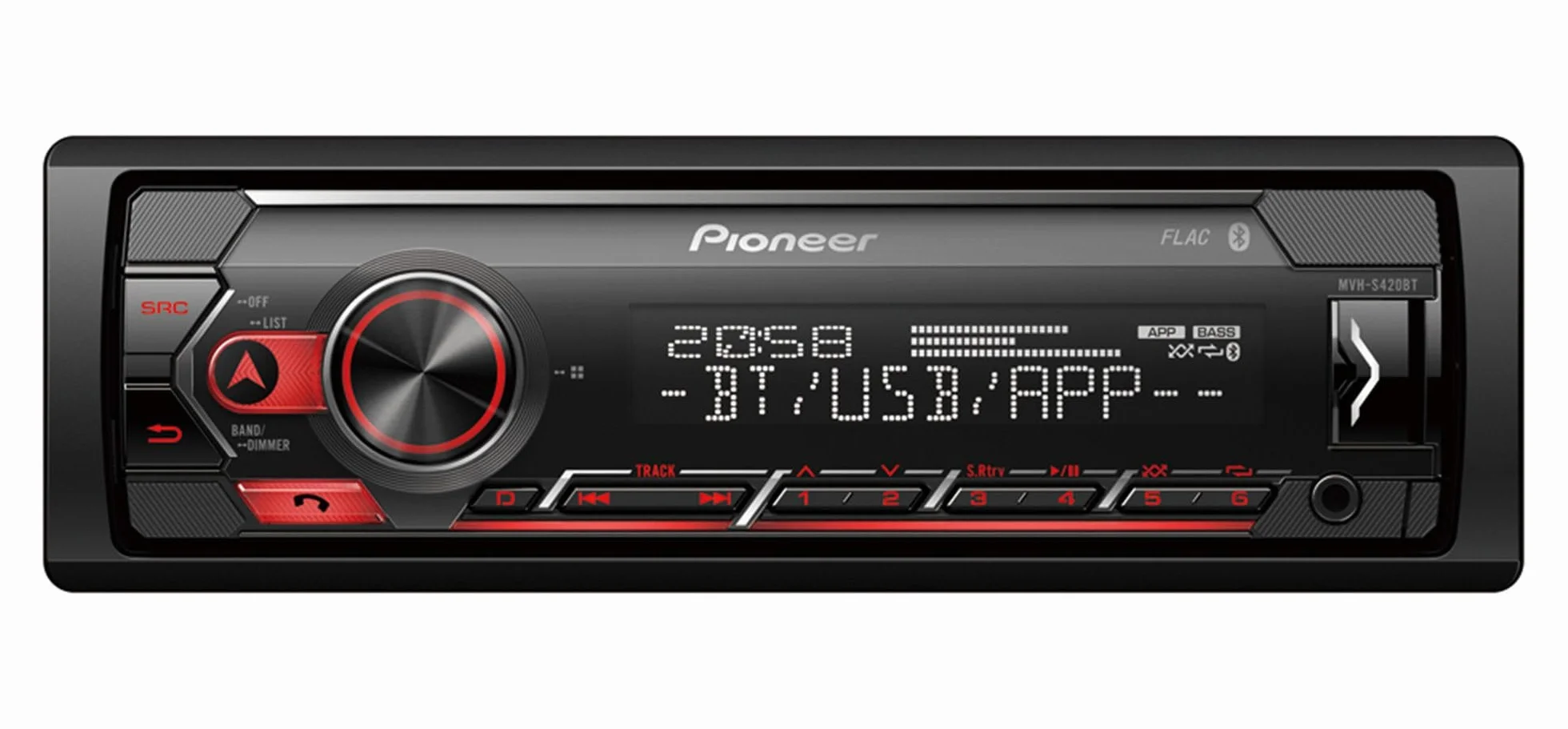 Pioneer MVH-S420BT, 1DIN Autoradio, rossa, navigazione del menù in tedesco, Bluetooth, USB, entrata AUX, controllo diretto da iPod/iPhone, vivavoce, Smart Sync