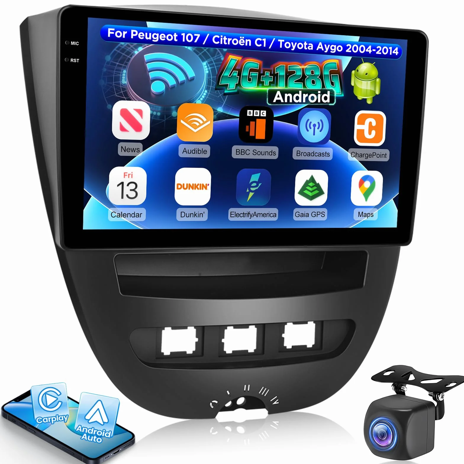 NHOPEEW 4+128G Autoradio per Peugeot 107 / Citroen C1 / Toyota Aygo 2004-2014 con Carplay Android Auto - Schermo incell da 10 pollici Supporto WiFi GPS Comandi al volante + Telecamera di retromarcia