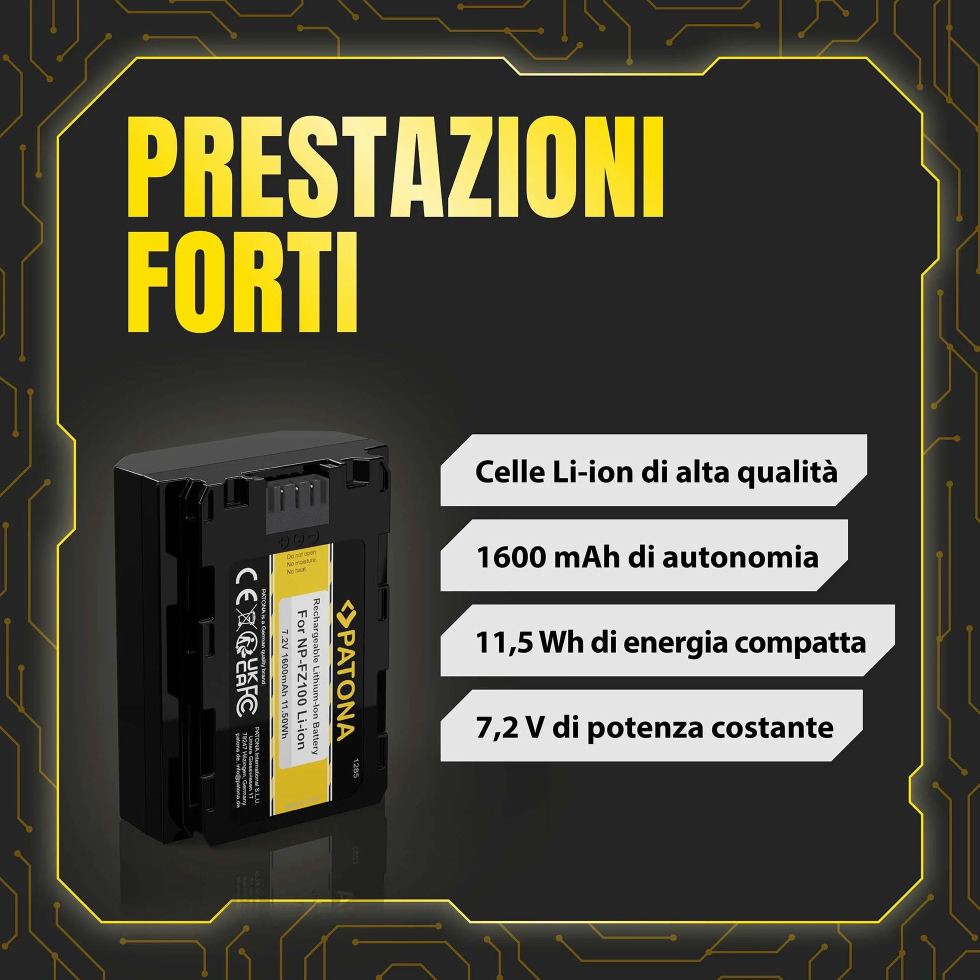 PATONA NP-FZ100 Batteria 1600mAh – Ricambio per Sony NP-FZ100 – per Alpha A6600 A6700 A1 A9 A7 III A7 IV A7R III A7R IV A7R V A7C A7C II FX3 FX30 – riserva affidabile