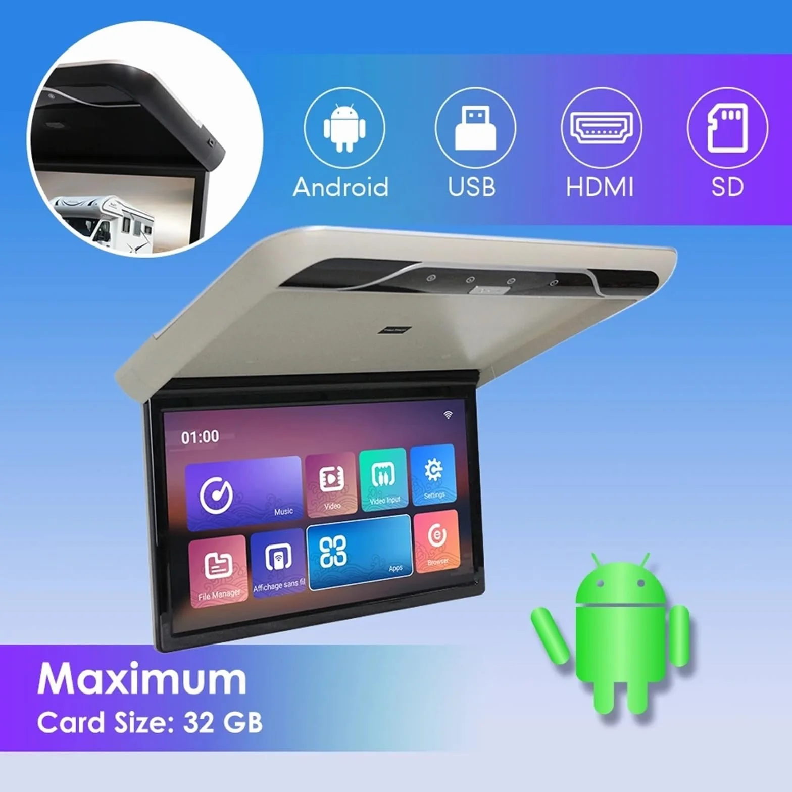 Monitor da tetto for auto 22 pollici, TV con lettore video ribaltabile, schermo IPS soffitto, luci ambientali a 16 colori(Black)
