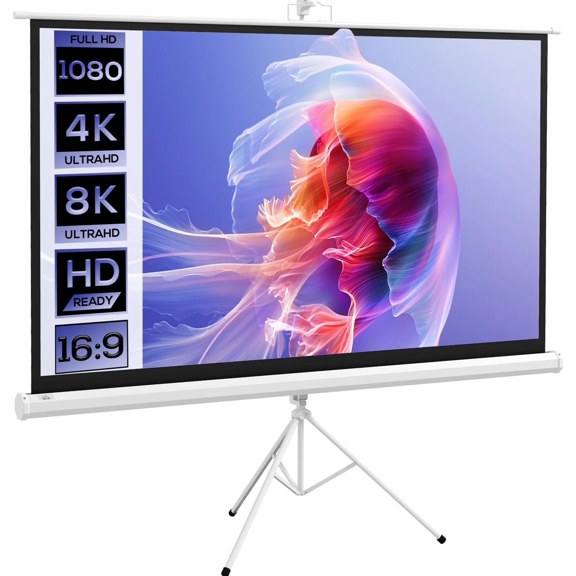 HOMCOM Telo Proiettore da 84 Pollici 4K HD Formato 16:9 con Treppiede Pieghevole e Altezza Regolabile, Schermo Proiettore Portatile, Grandangolo di 160 Gradi, per Casa, Home, Cinema, Esterno, Bianco