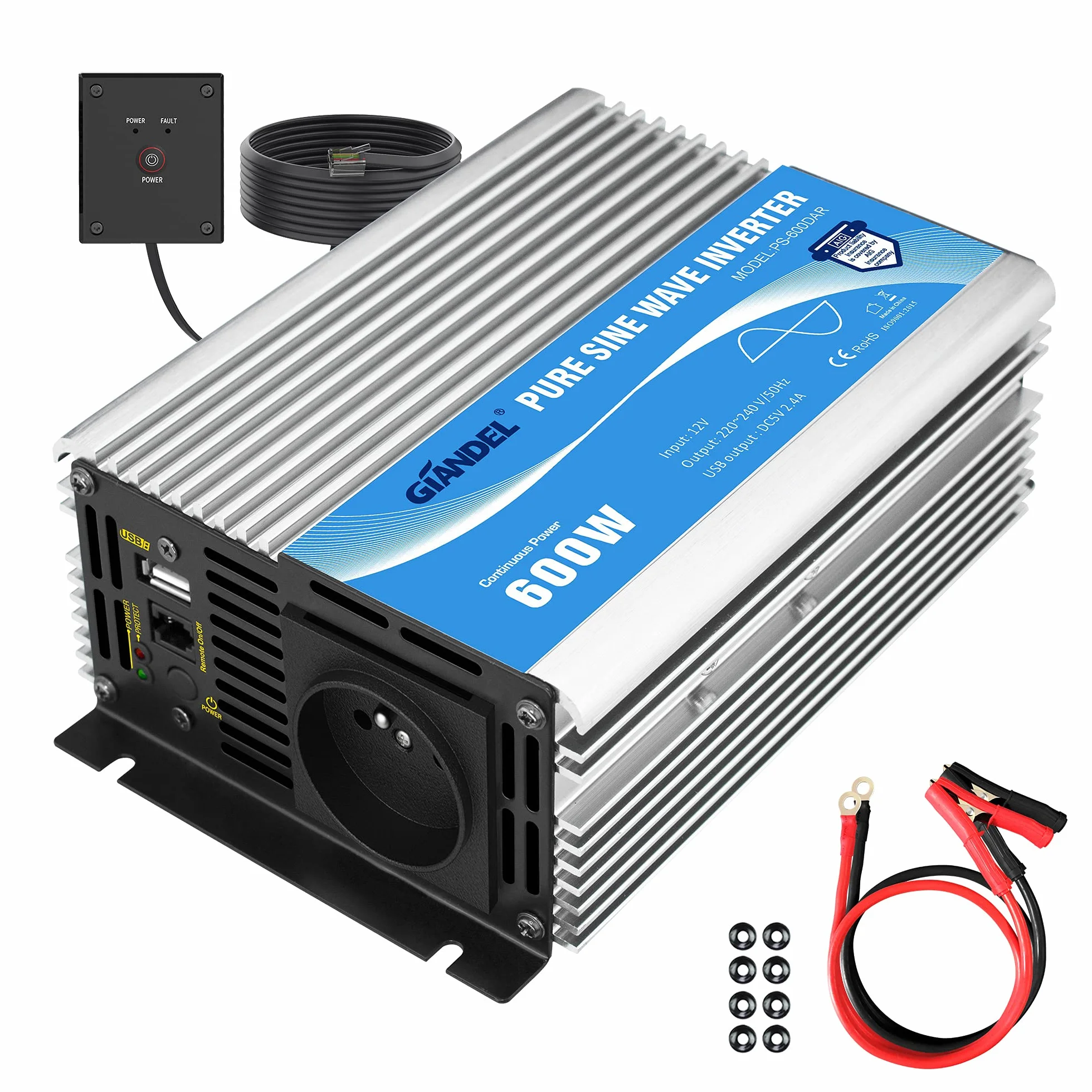 GIANDEL 600 W Convertitore puro sinusale DC 12 V a AC 220 V 230 V inverter trasformatore con telecomando e porta USB per computer portatile, fotocamera, smartphone