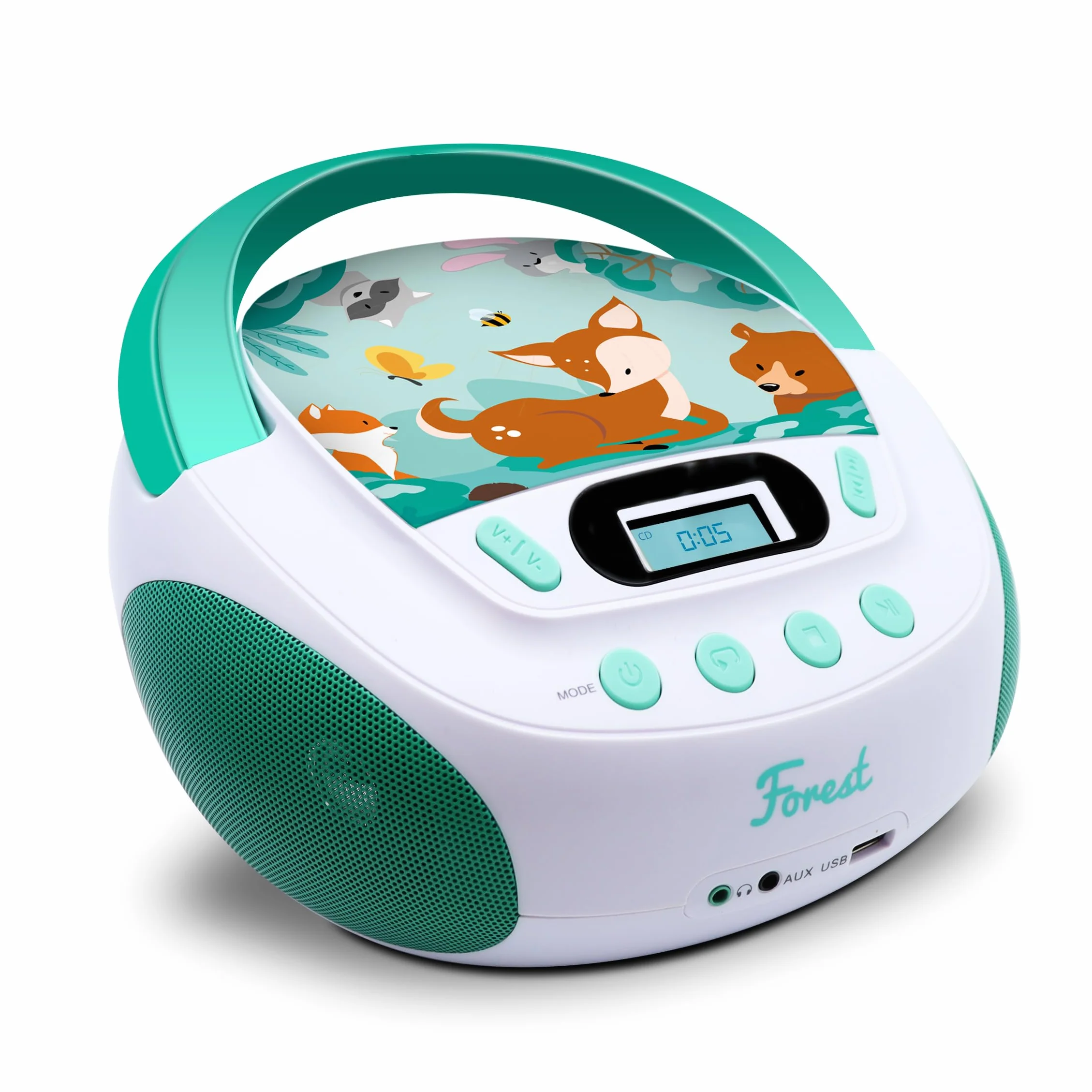 MOOOV 477147 Lettore CD Portatile per Bambini con USB, Presa per le Cuffie – Stereo Baby Boombox con Gira CD – Lettore Musicale per Casa e Viaggio, Design Colorato - Modello Forest - Verde