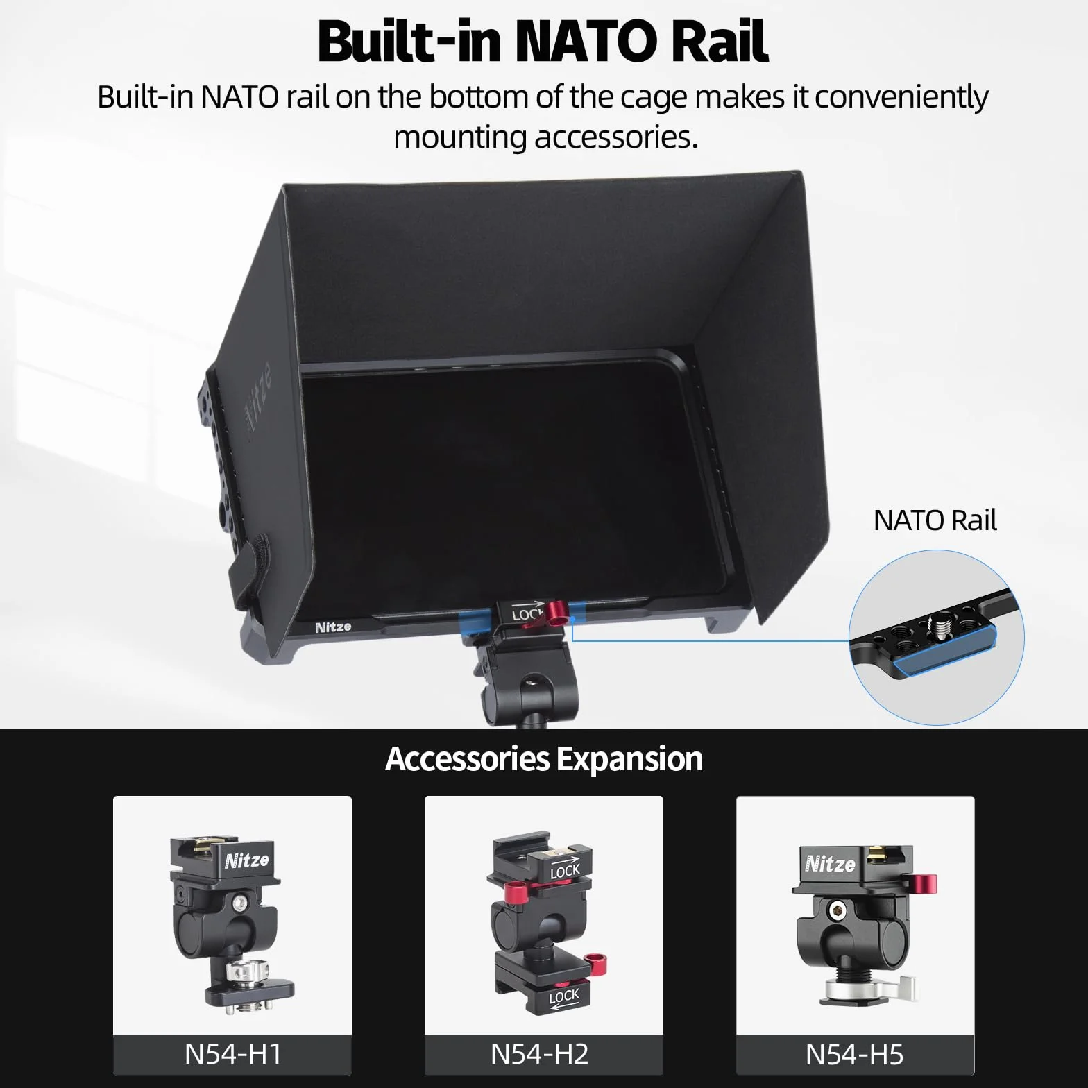 Nitze Gabbia per Monitor per PortKeys LH7C / LH7P / LH7H con PU Leathe Sunhood, Monitor Cage con NATO Rail Integrata e Cold Shoe - JT-I03B