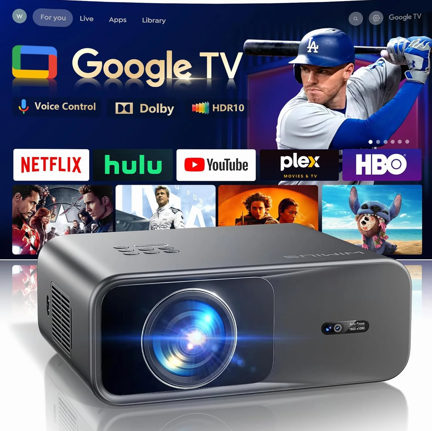 Wimius Proiettore 4K Google TV, 1100 ANSI, HDR10, Auto Focus, 6D Keystone, Bluetooth 5.4, WiFi 6