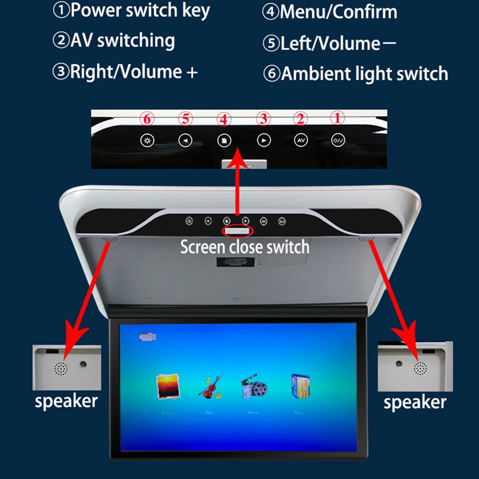 Cuifati 19in LCD 1080P Car Overhead Flip Down Monitor Full View Soffitto TV Digitale HD con Atmosfera Light Car Stereo Player MP5, HDMI IR FM USB SD 12V/24V(Grigio)