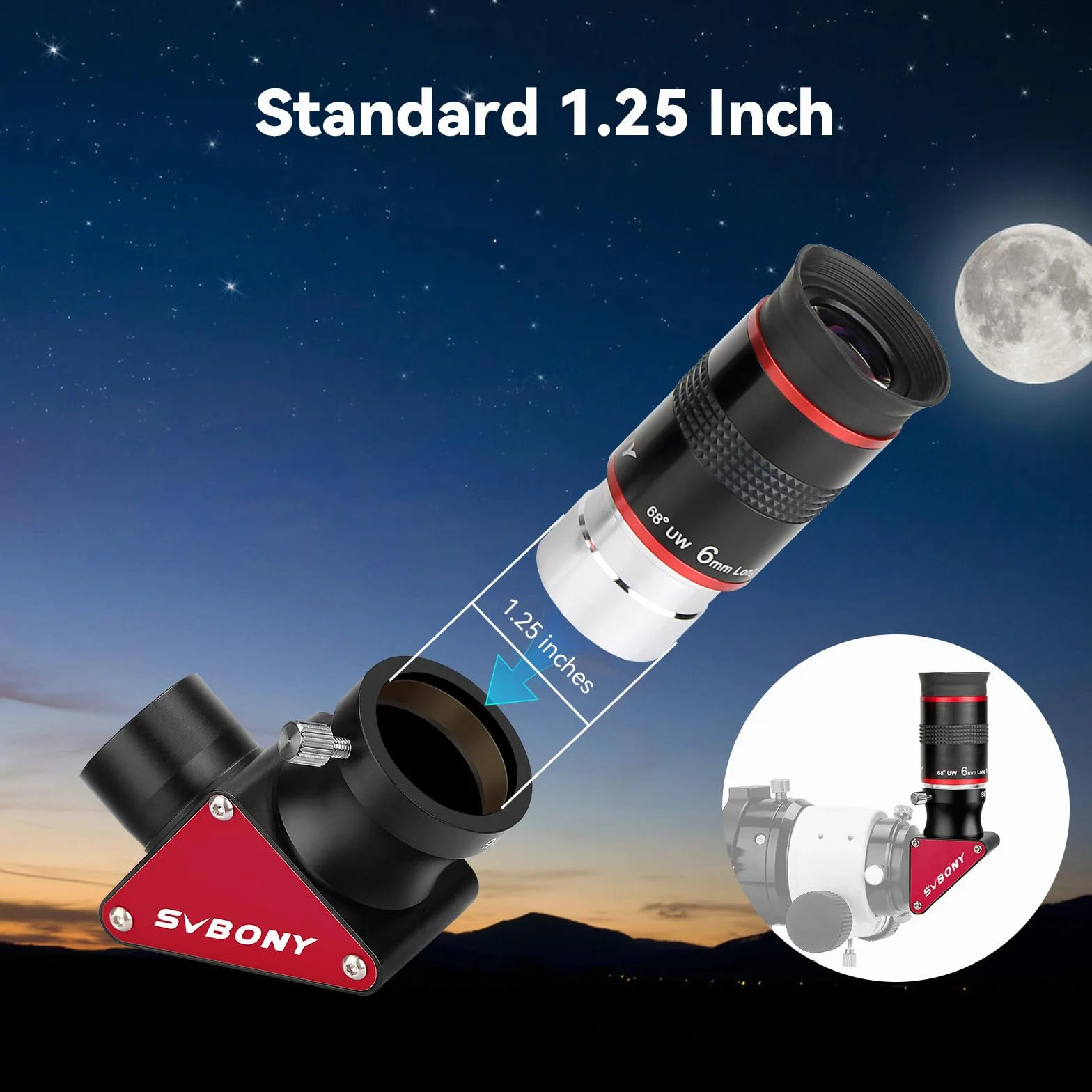 SVBONY Telescopio oculare ultra grandangolare da 68 gradi da 6 mm e SV188P 90 gradi Dielettrico a stella diagonale, 3,2 cm, accessori per telescopi astronomici visivi