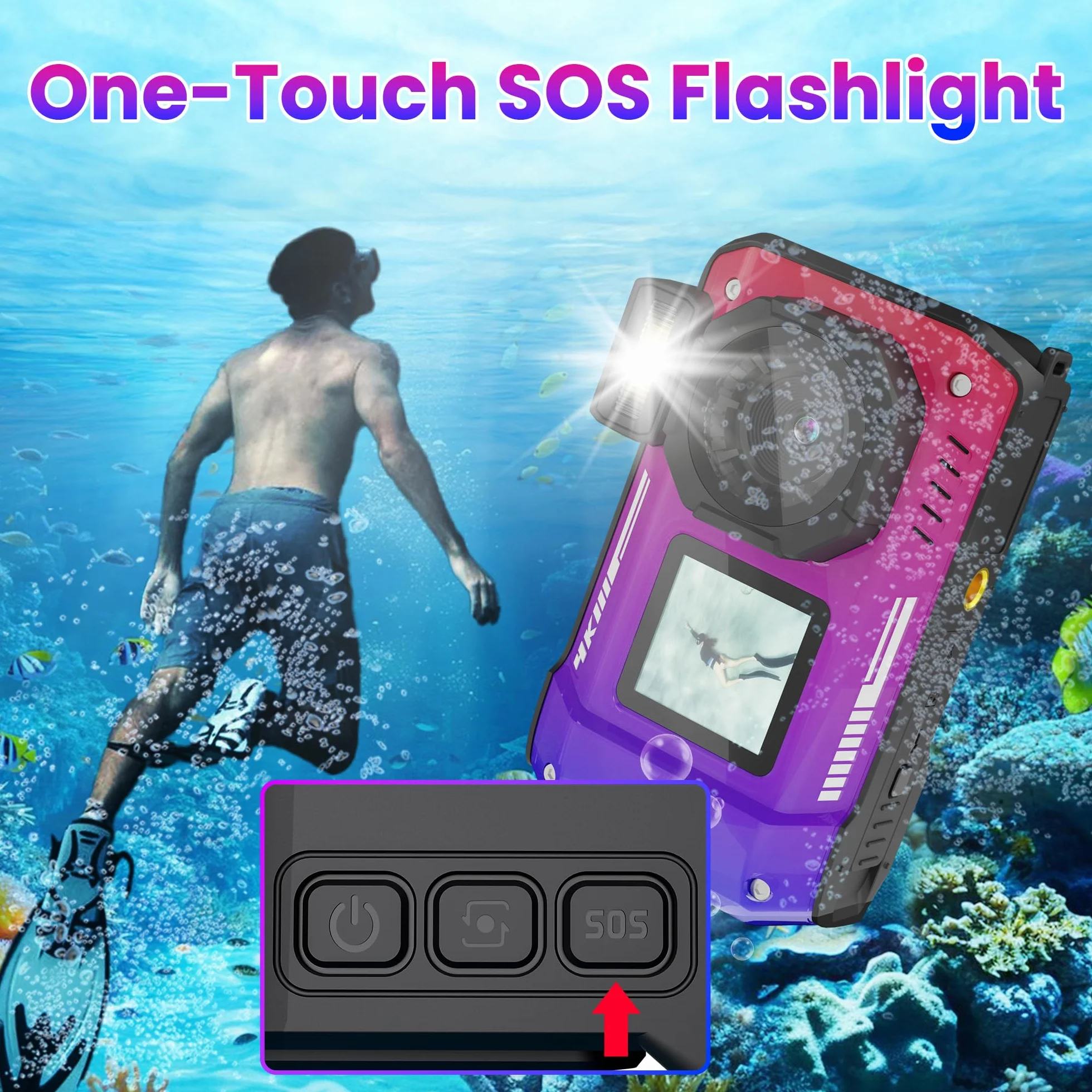 Fotocamera digitale 4K 33FT con scheda 64G, fotocamera subacquea da 48 MP, impermeabile, robusta, antipolvere, antiurto, per snorkeling, immersioni, selfie, doppio schermo, punto e fotocamera digitale