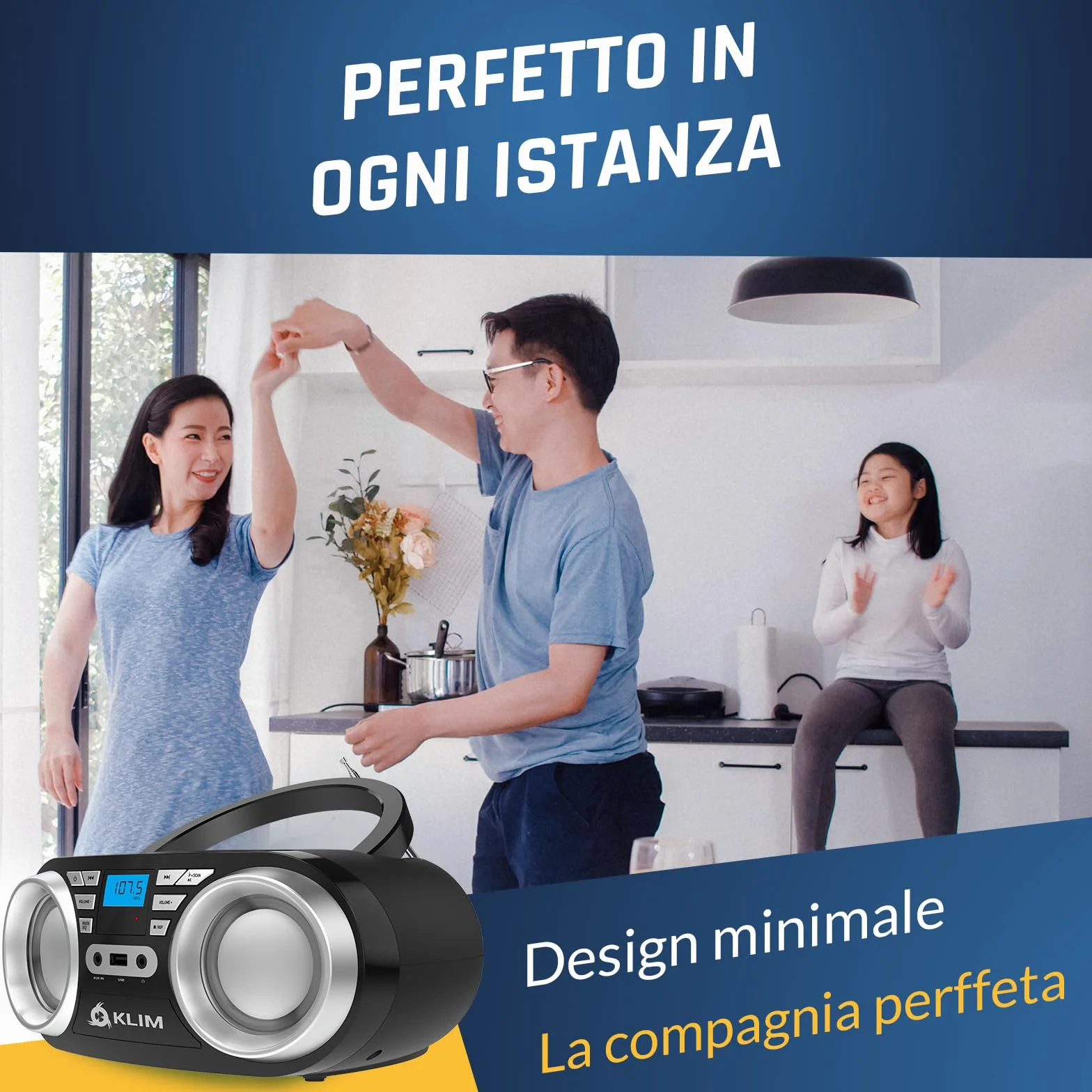KLIM B3 Lettore CD Portatile Boombox Con Radio FM, Bluetooth, USB e AUX - Doppi Altoparlanti di Alta Qualità, Effetti Sonori EQ, 20 Stazioni Preimpostate, Compatto e Leggero