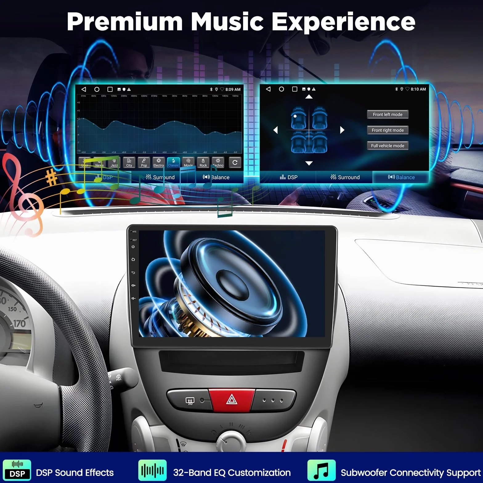 Autoradio Android per Toyota Aygo/Peugeot 107 / Citroen C1 2005–2014, Schermo Touch da 10 Pollici, CarPlay & Android Auto Wireless, GPS, WiFi, DSP, Bluetooth, FM RDS, Supporto Telecamera AHD/OBD/DAB