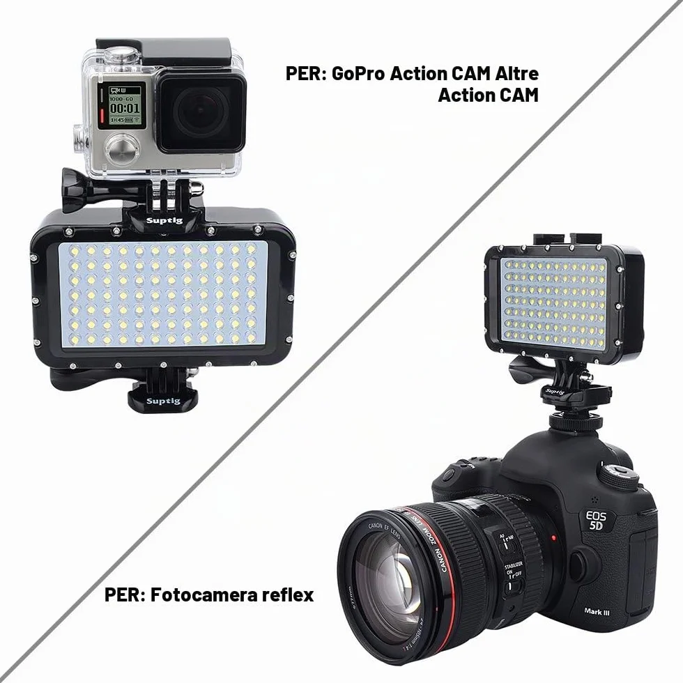 Suptig, Luce subacquea per immersione da 84 LED ad alta potenza, dimmerabile, impermeabile fino a 50 m, per GoPro, Canon, Nikon, Pentax, Panasonic, Sony, Samsung e fotocamere SLR
