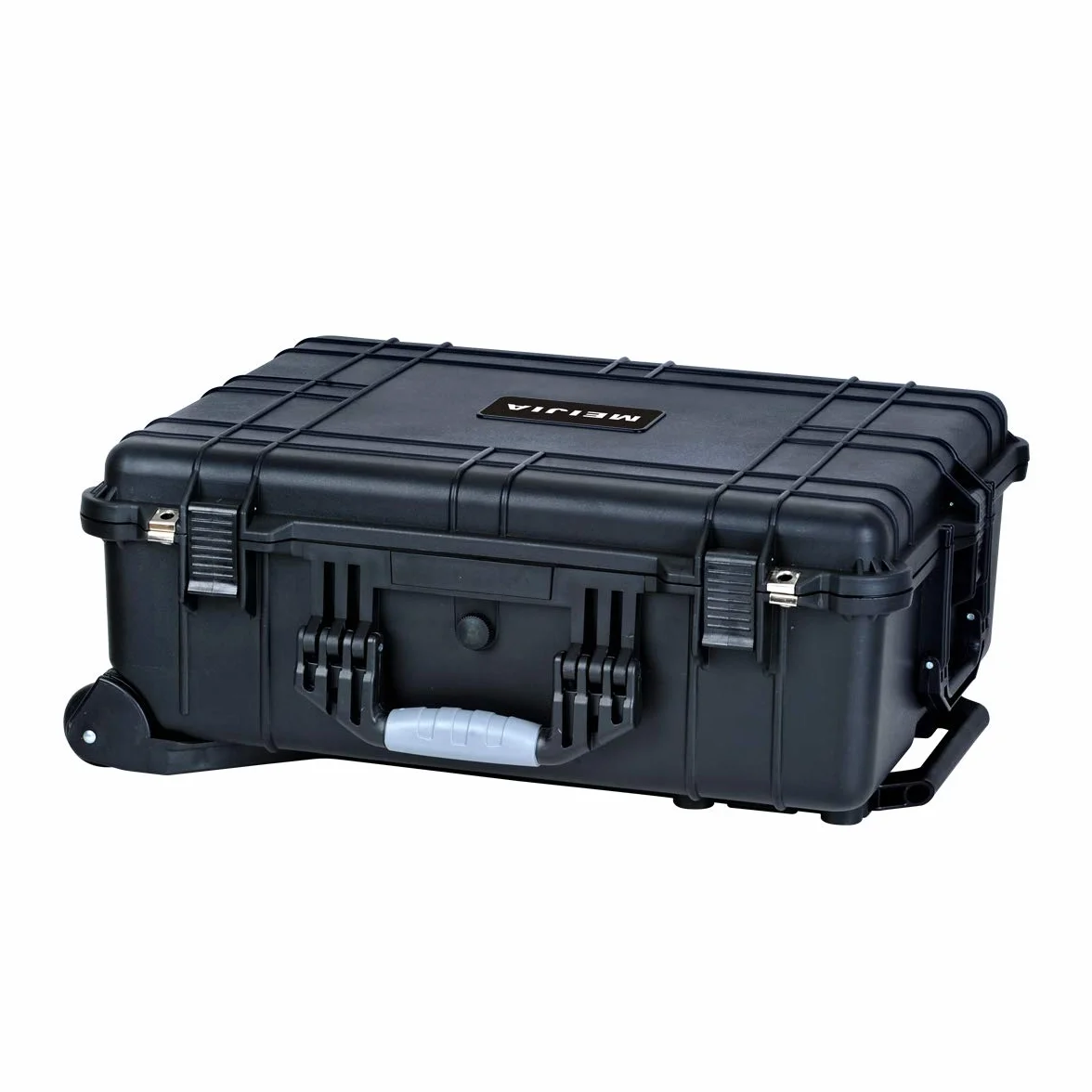 MEIJIA Custodia rigida impermeabile per tutte le stagioni con maniglia retrattile e ruote girevoli, inserto in schiuma personalizzabile, adatta per fotocamera, droni, attrezzature, elegante nero