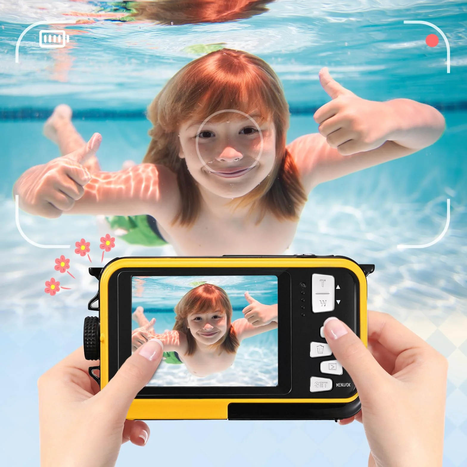 Fotocamera Digitale Impermeabile,Couleeur Macchina Fotografica Subacquea Full HD 2.7K 48MP Doppio Schermo Anti-Shake con Microfono LED Autoscatto e Zoom Digitale 16X per Bambini Adolescenti(Giallo)