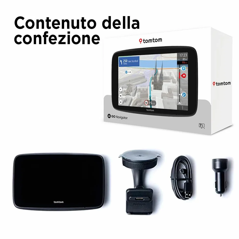 TomTom Navigatore per auto GO Navigator (schermo extra large da 7", traffico in tempo reale, 12 mesi di avvisi autovelox, mappe europee, aggiornamenti Wi-Fi, servizi Premium, supporto Click-and-drive)
