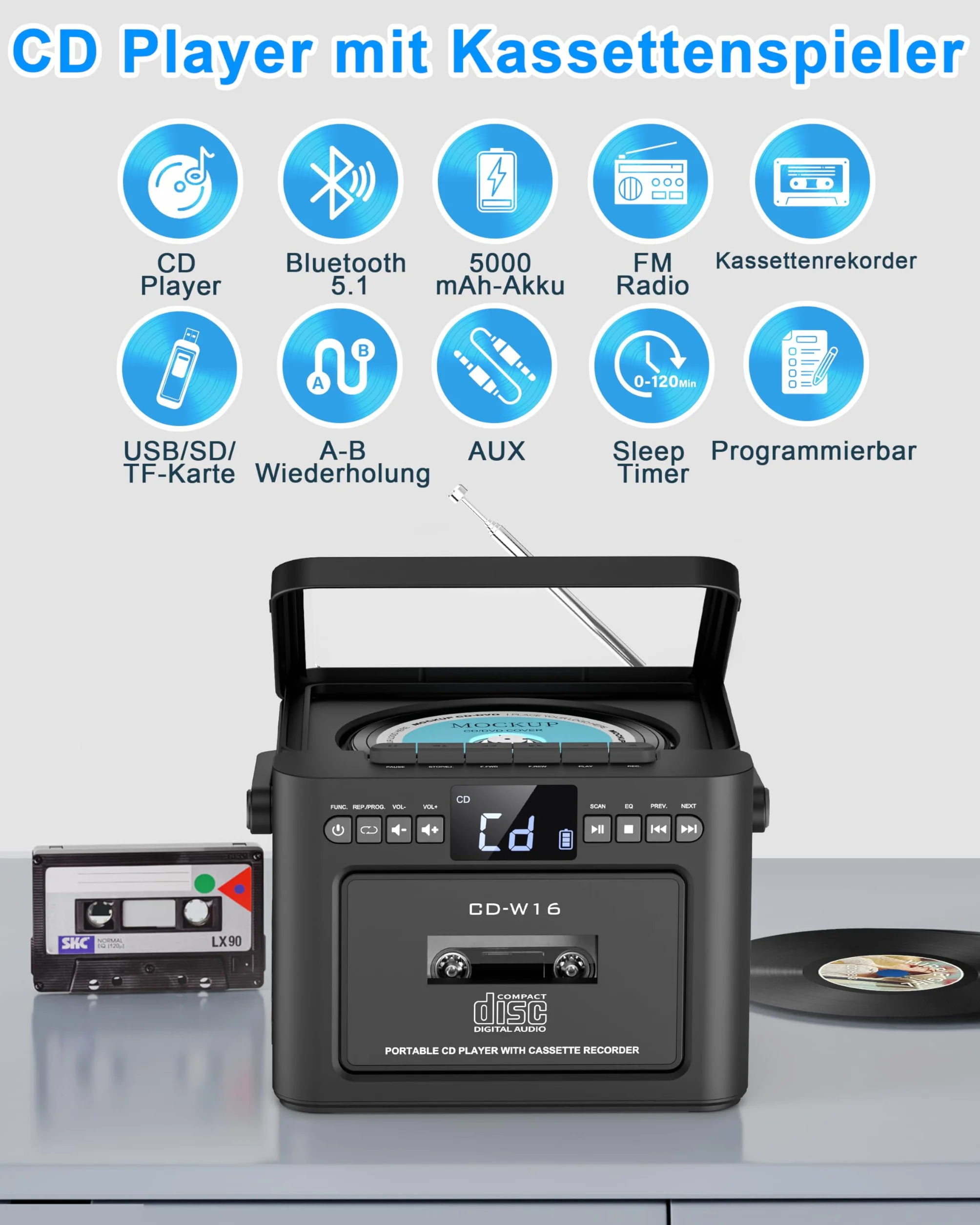 Grado Lettore CD portatile Boombox ricaricabile, Bluetooth, telecomando, batteria 5000 mAh, USB, AUX, scheda TF/SD, altoparlanti stereo 5 W (grigio)