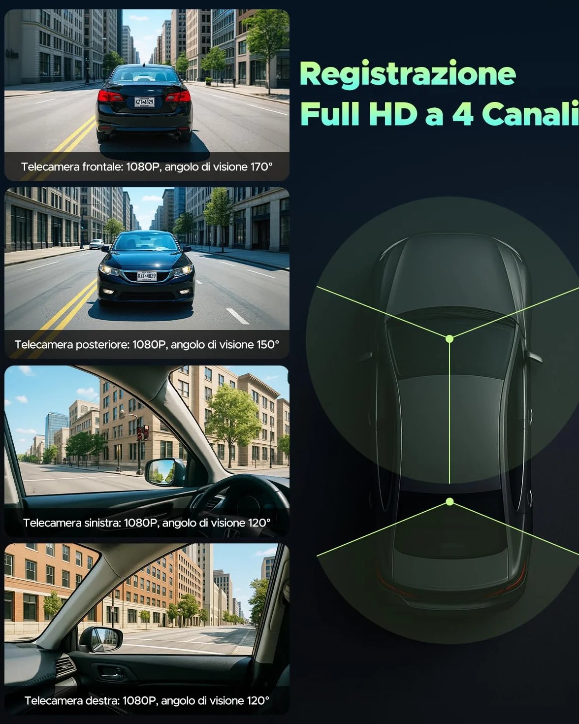 LAMTTO Dash Cam Auto 360 Gradi Dashcam Controllo APP WiFi 5G 4 Canali Telecamera per Auto Monitoraggio del Parcheggio IR Visione Notturna Kit di Cablaggio Scheda 128GB Gratuita