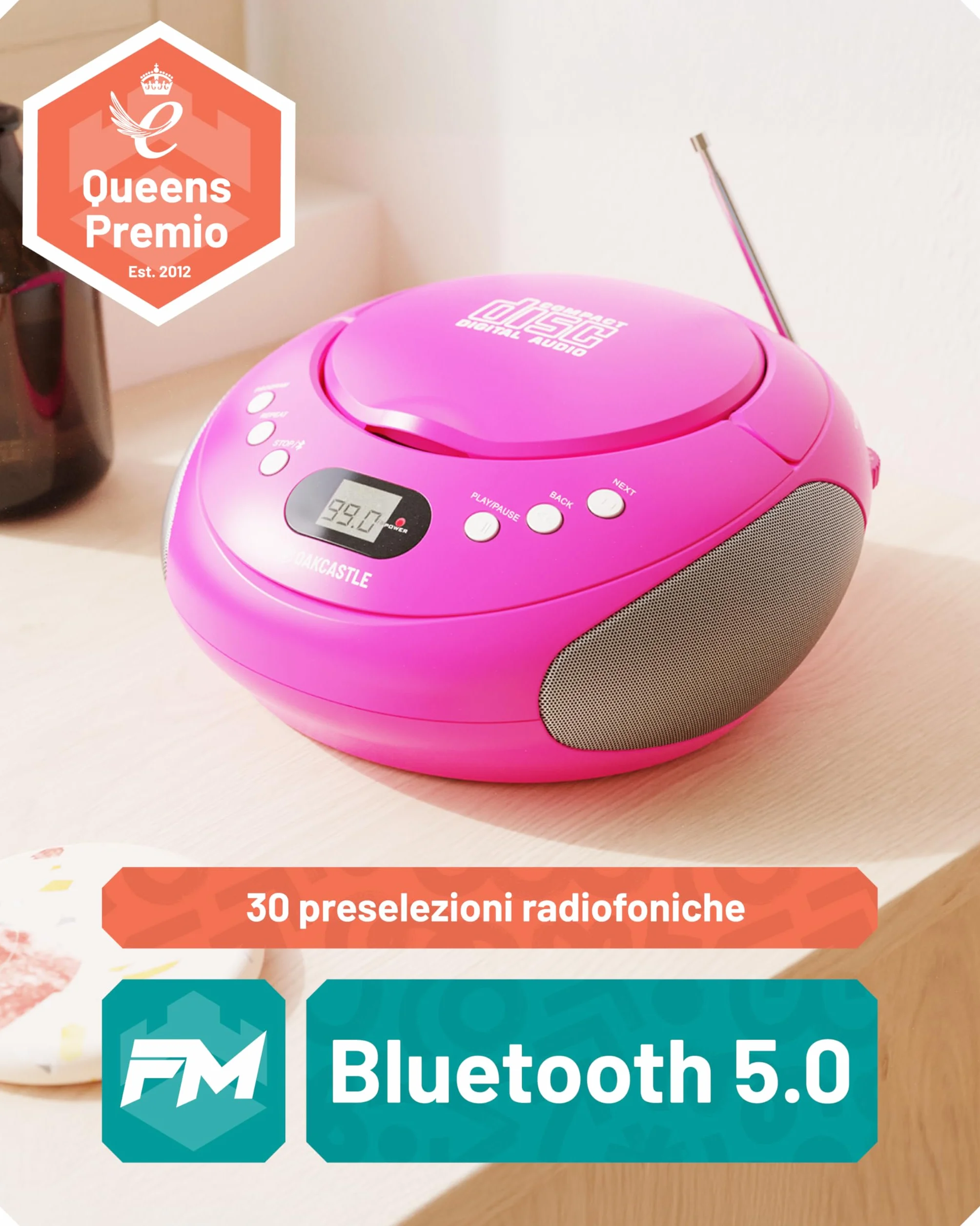 Lettore CD Portatile Bluetooth | FM Radio Stereo Casa | Radio Stereo Casa con Controlli Facili | 30 Preselezioni, Display a LED | Oakcastle Player (Rosa)