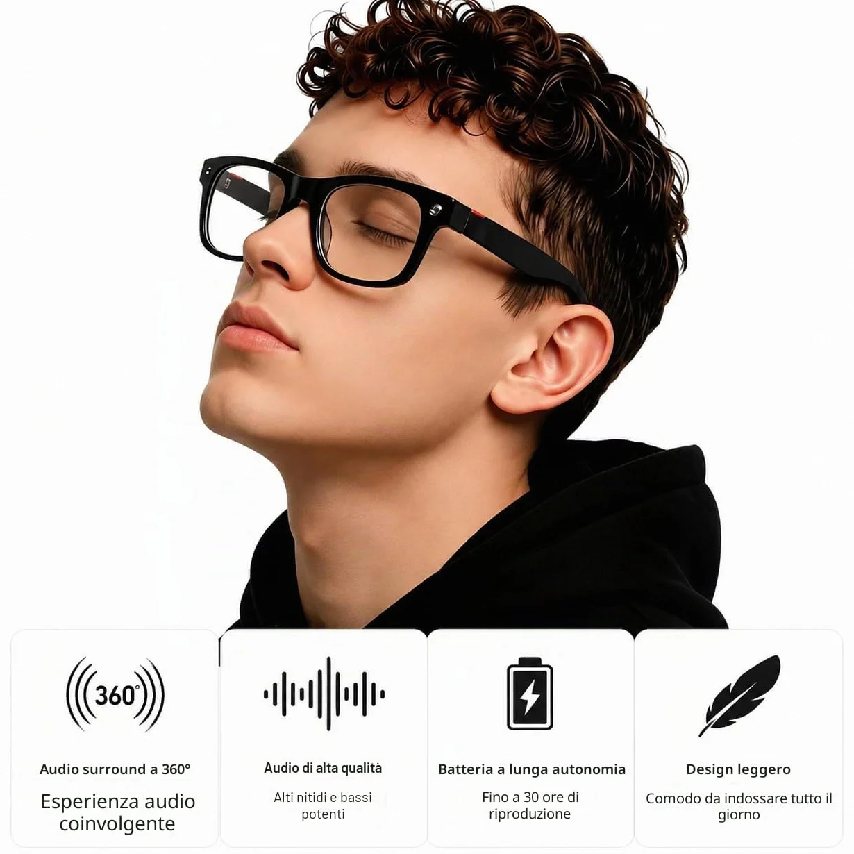 AI - Occhiali intelligenti con fotocamera, lenti fotocromatiche, chiamate Bluetooth, assistente vocale, lettore musicale, traduzione e registrazione video (1, nero)