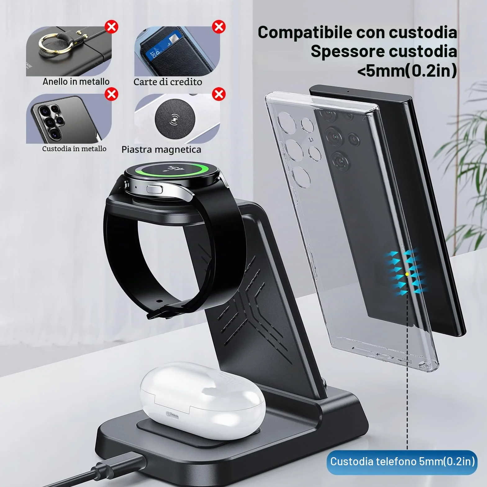 Caricatore Wireless 3 in 1 per Samsung S26 Ultra, Stazione di Ricarica per Samsung S26+/S25 Ultra/S24/S23/Z Flip 7/Z Fold 6, Base Ricarica Wireless per Samsung Galaxy Watch 8/Ultra/7/6/5, Galaxy Buds