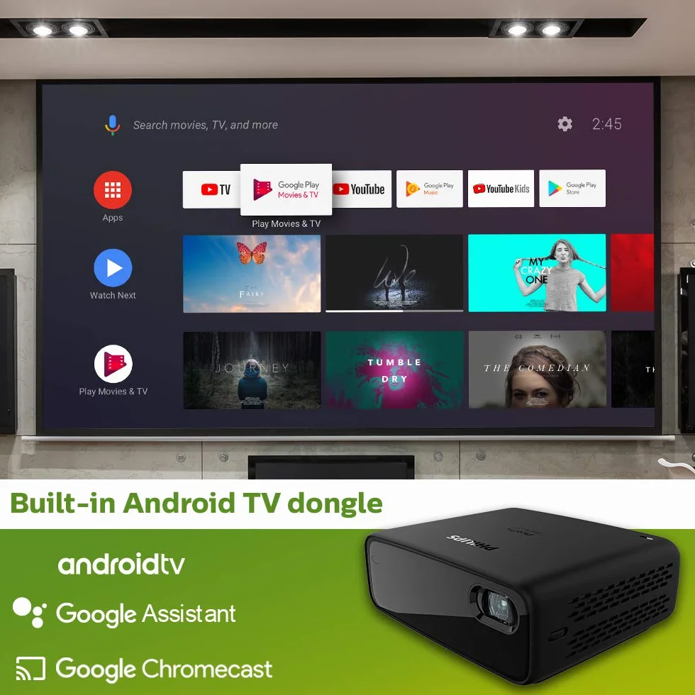 Philips PicoPix Micro 2TV, proiettore portatile, LED DLP, Altoparlanti stereo, batteria da 4 ore, Android TV integrato, HDMI, USB-C, nero