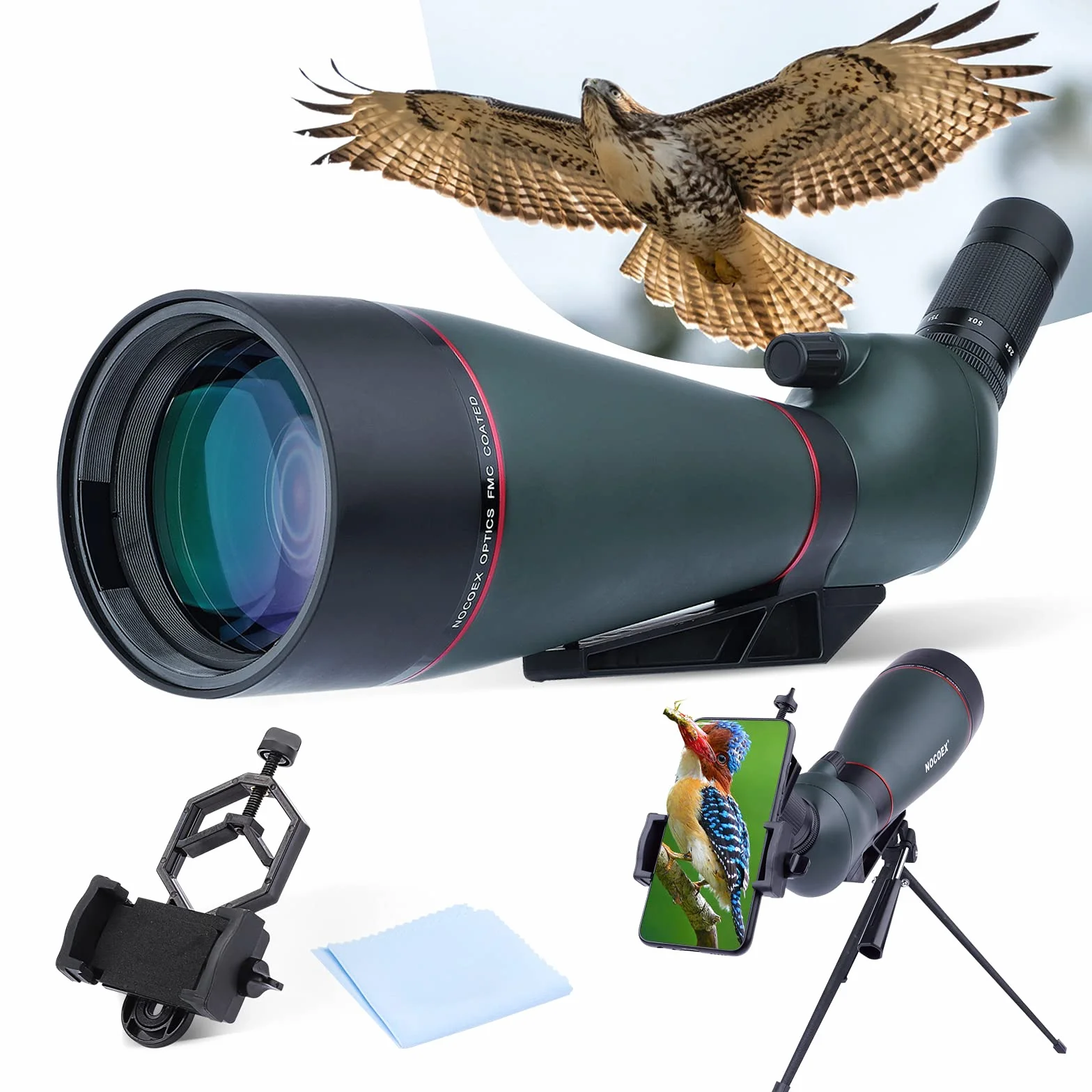 NOCOEX Vista lunga 25-75x 100mm impermeabile HD con treppiede, custodia per il trasporto, lente FMC per Bird Watching, Caccia, Turismo all'aperto Verde