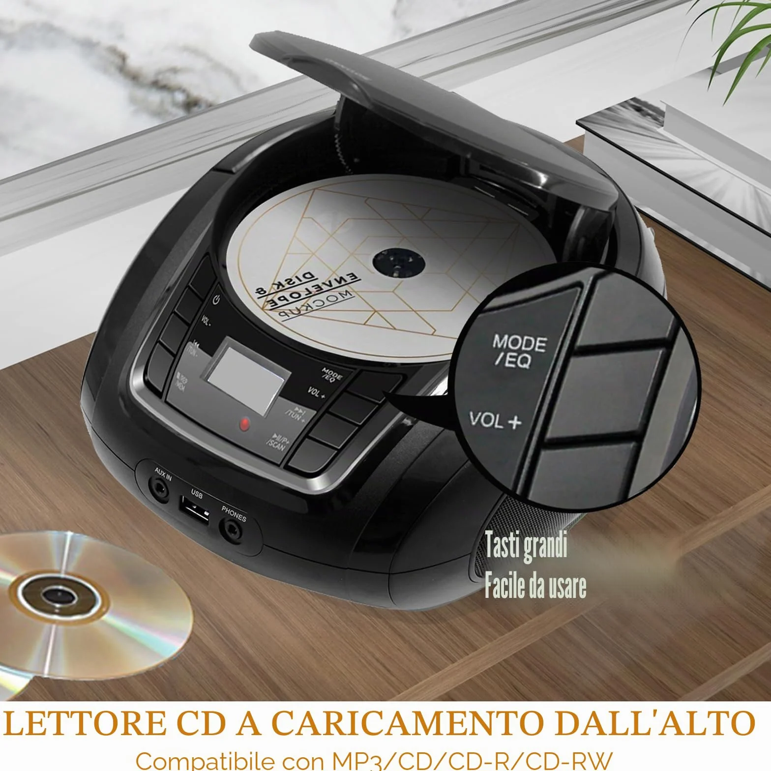 Impianto Stereo Casa 30W Micro HiFi Compatto con lettore CD, Bluetooth, radio FM, USB, AUX-in, display LED e pulsante grande, telecomando (L-D03BT)
