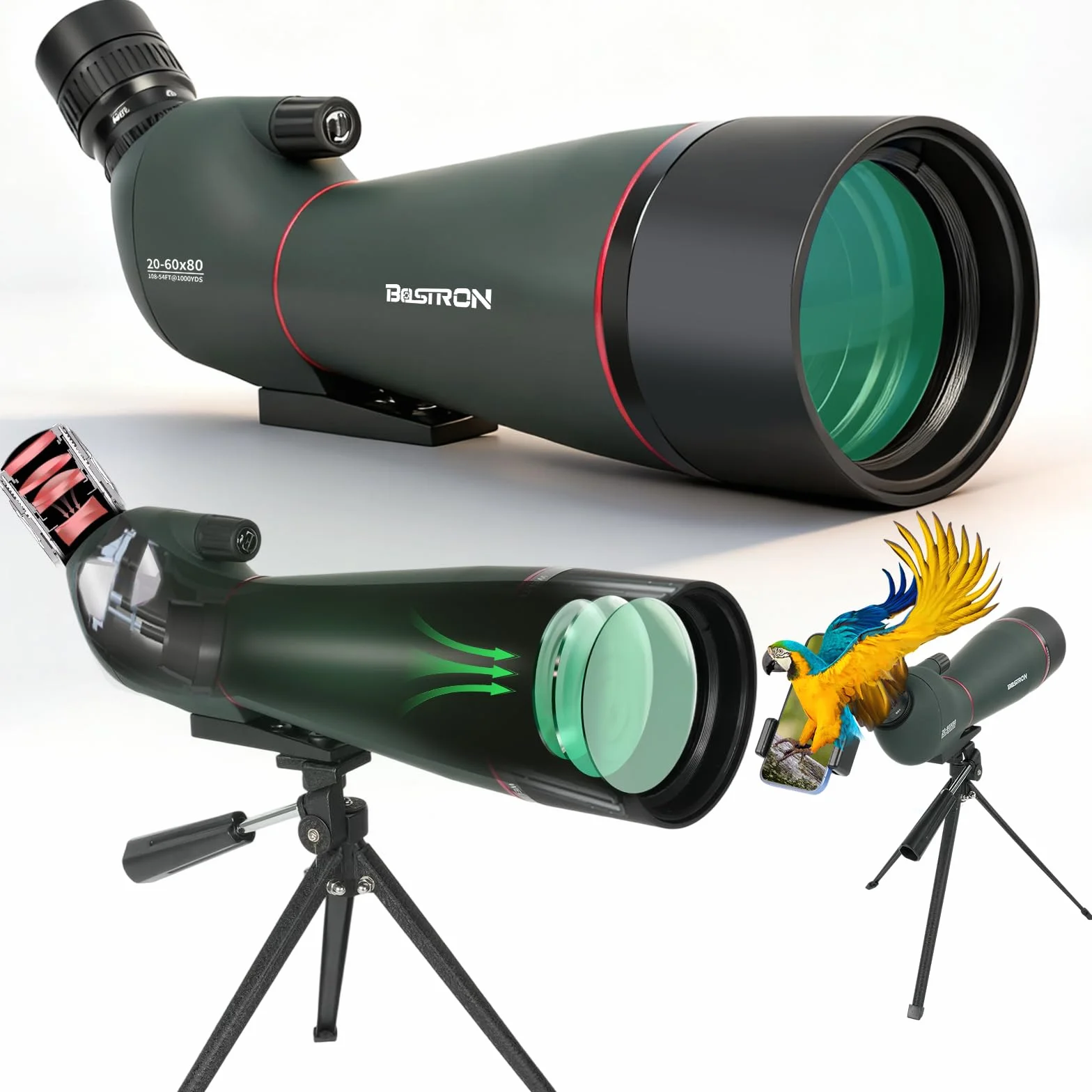 Cannocchiale 20-60x80, Telescopio Spotting Scope da Campo con Treppiede - Ottiche FMC e Prisma Porro HD, Cannocchiale con Adattatore Smartphone per Birdwatching, Tiro a Segno e Natura