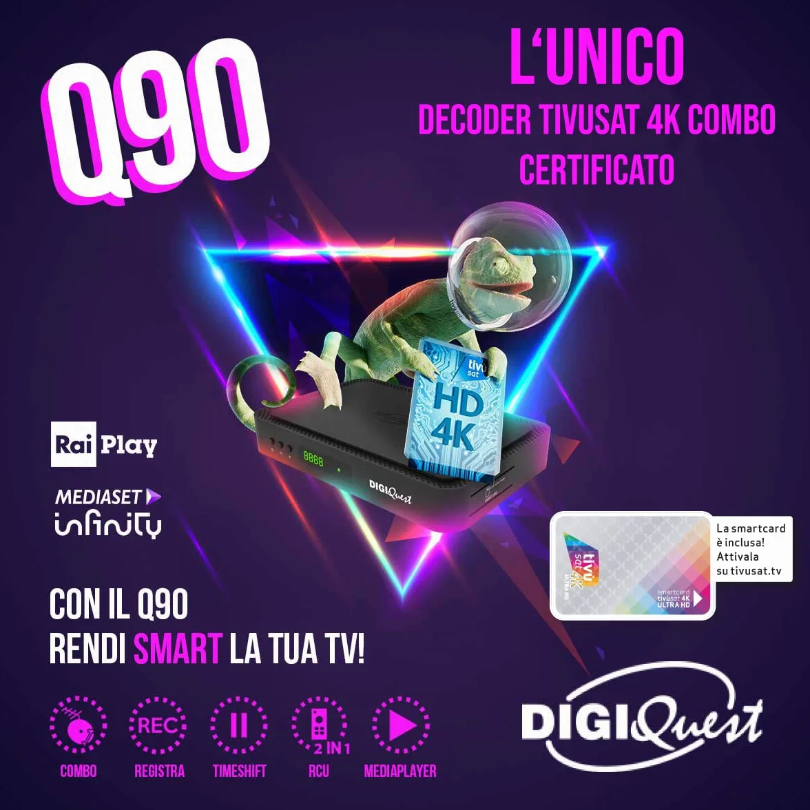 DIGIQUEST Decoder tivùsat COMBO 4K Q90 | Ricevitore satellitare HbbTV, doppio tuner | Videoregistratore e Timeshift | Mediaplayer, Telecomando 2 in 1 | Smartcard tivùsat inclusa | Nero