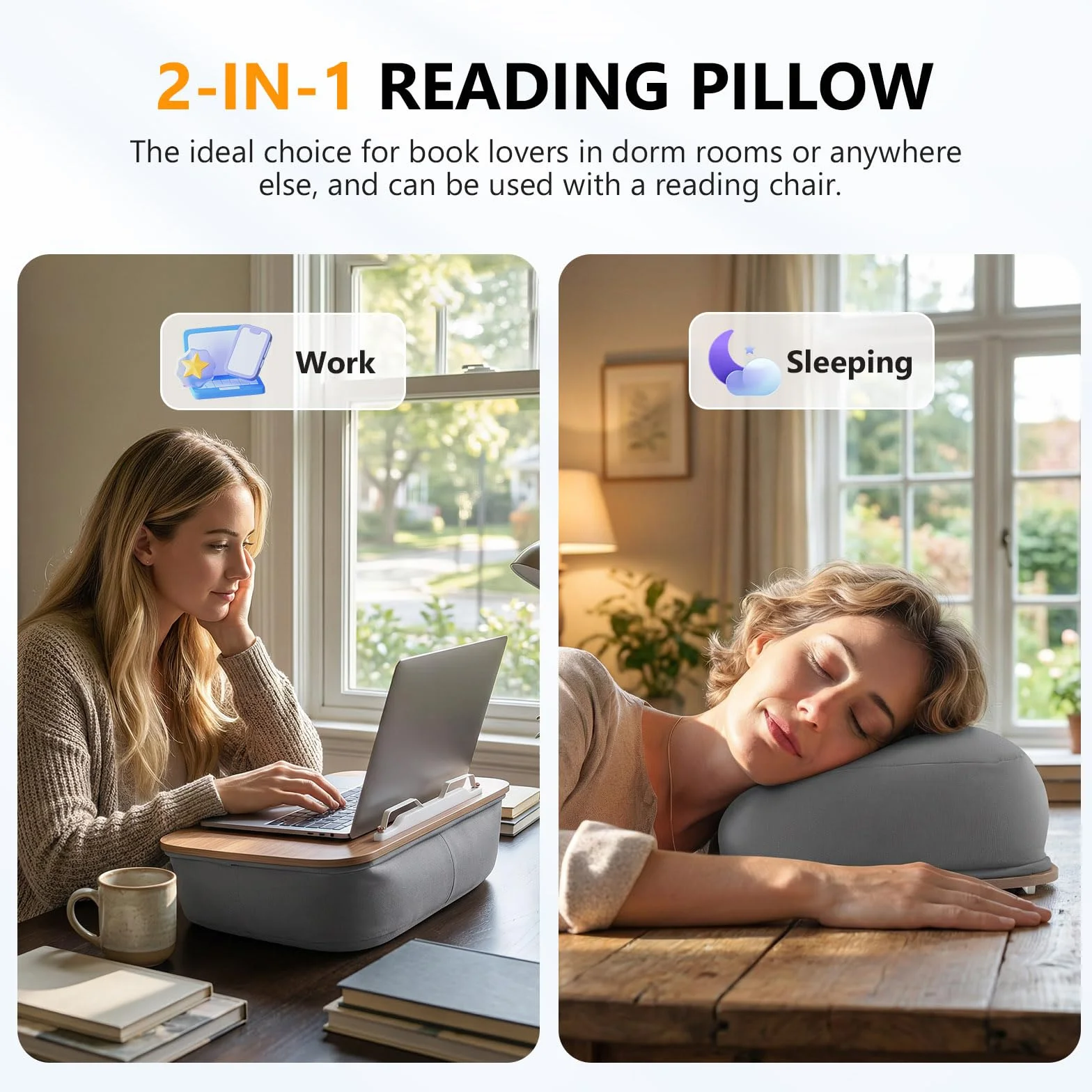 Supporto Per Libri a Sacco Pouf Porta Libri, Tavolino da Grembo per Divano, Letto, Scrivania - Porta Libri Leggio da Letto con Fermapagine - Compatibile con Computer Portatile e Tablet