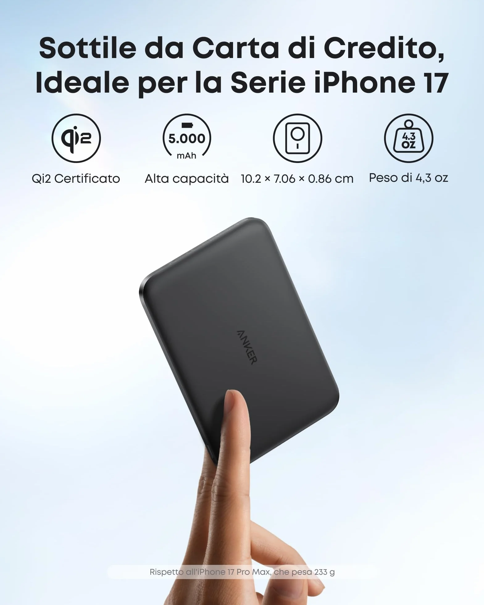 Anker Nano Power Bank Magsafe 5000 mAh, Certificato Qi2 da 15W Batteria Magnetica Ultra Sottile, Caricabatterie Portatile Ultra Veloce, Design Ergonomico, Solo per iPhone 17 Pro Max Air/Serie 16-12
