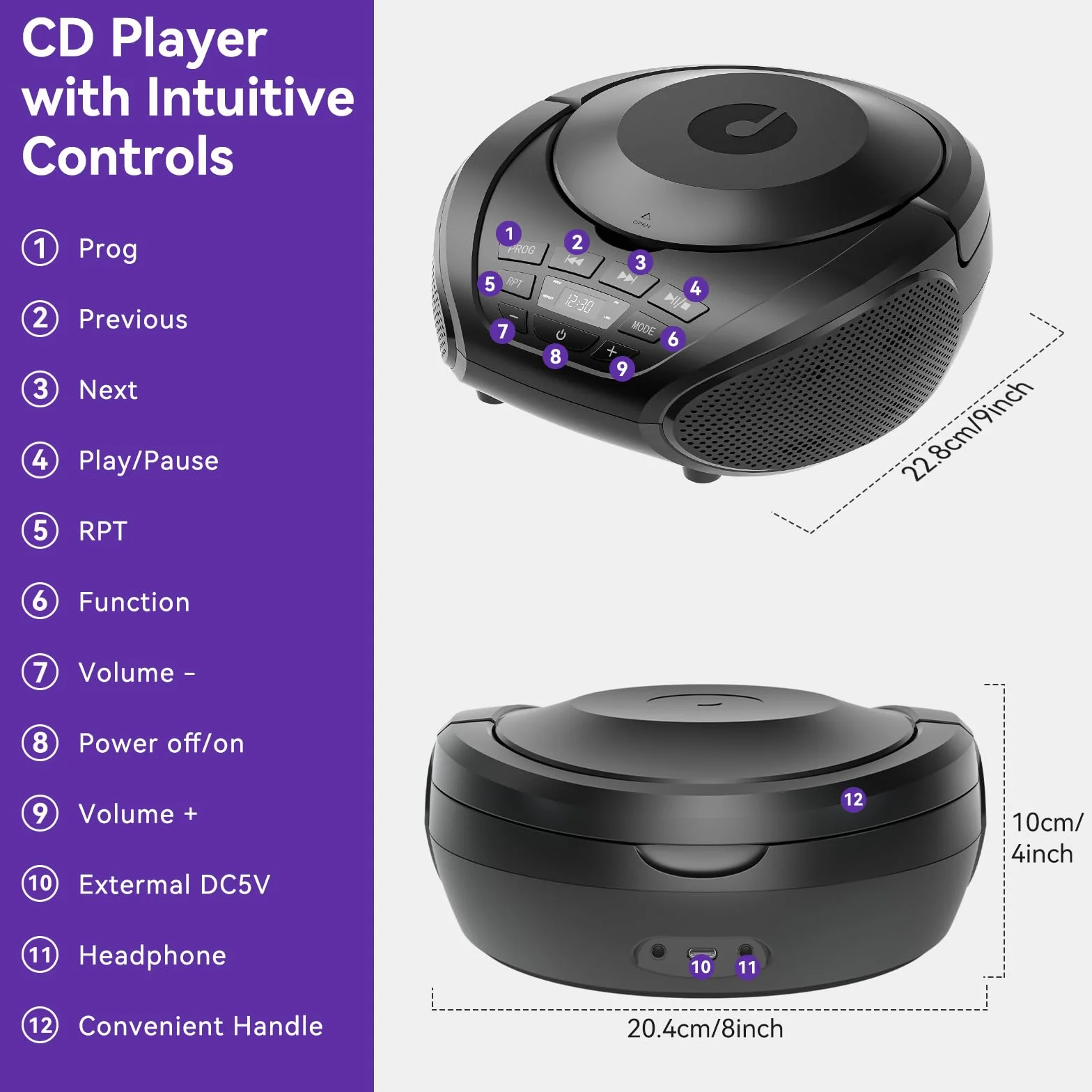 Gueray Lettore CD portatile Boombox Lettori CD audio domestici con altoparlanti Radio FM Ingresso AUX Supporto Cuffie Modalità playlist Riproduzione PROG per audiolibri da esterno e da interno